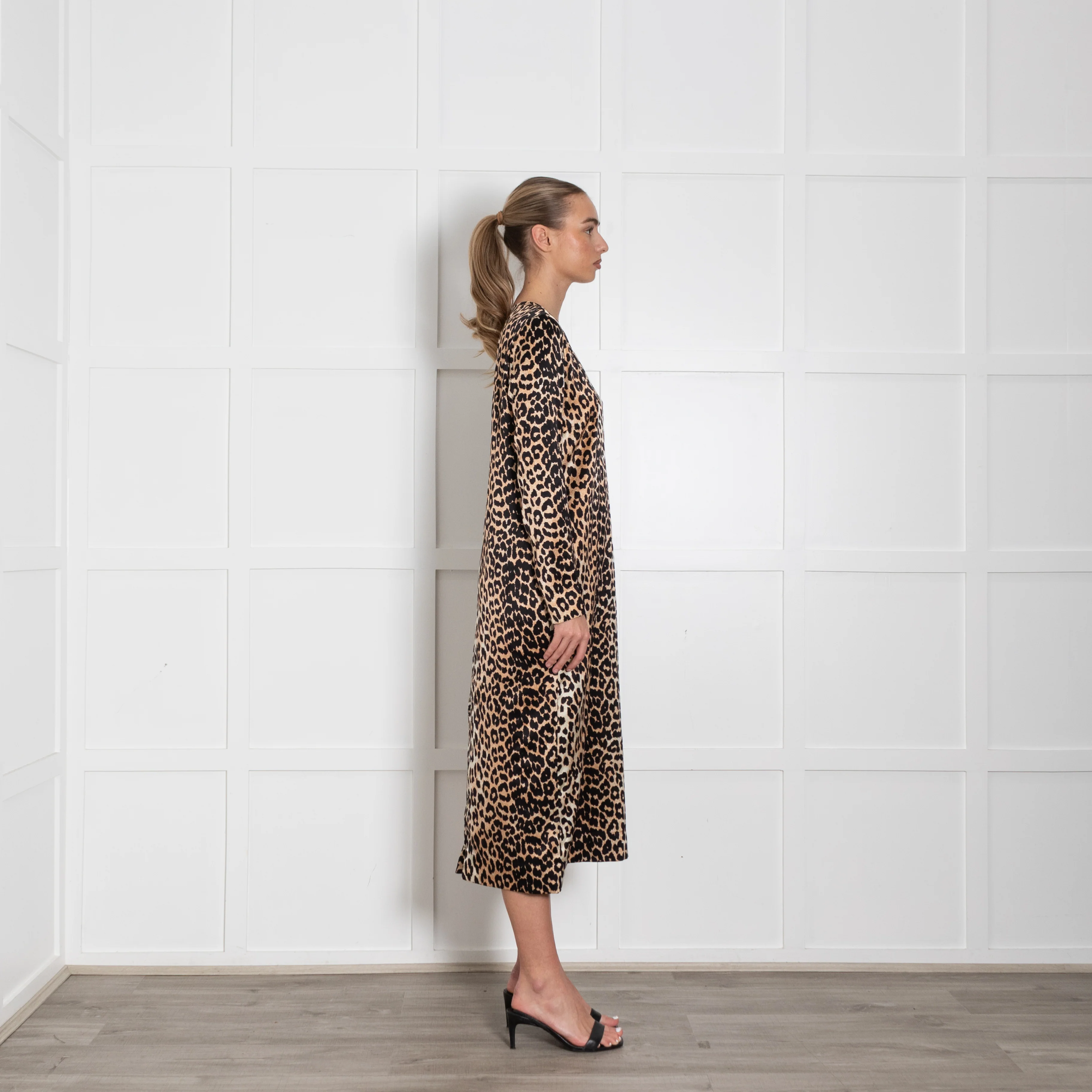Ganni Brown Animal Print Silk Long Sleeve Dress - Image 6