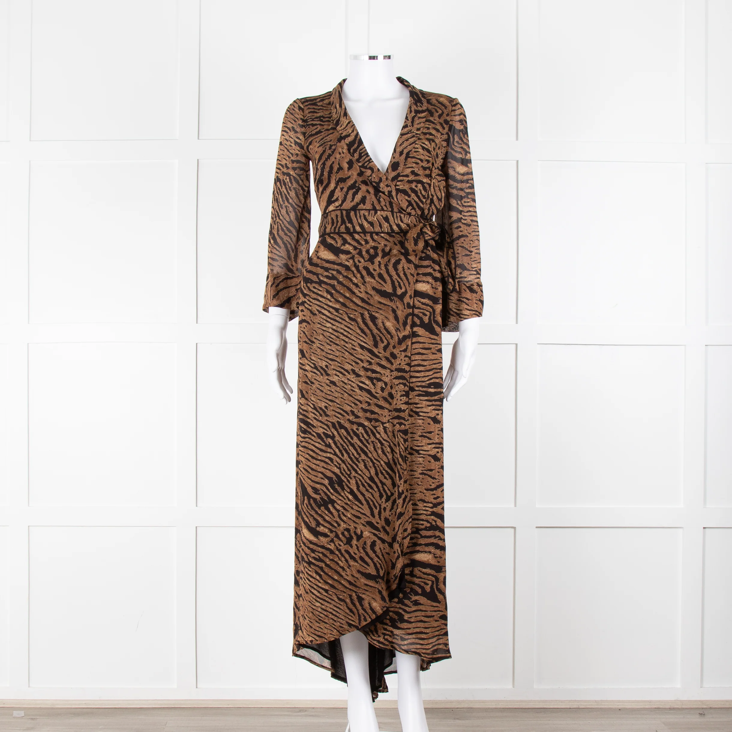 Ganni Brown Animal Print Wrap Around Midi Dress