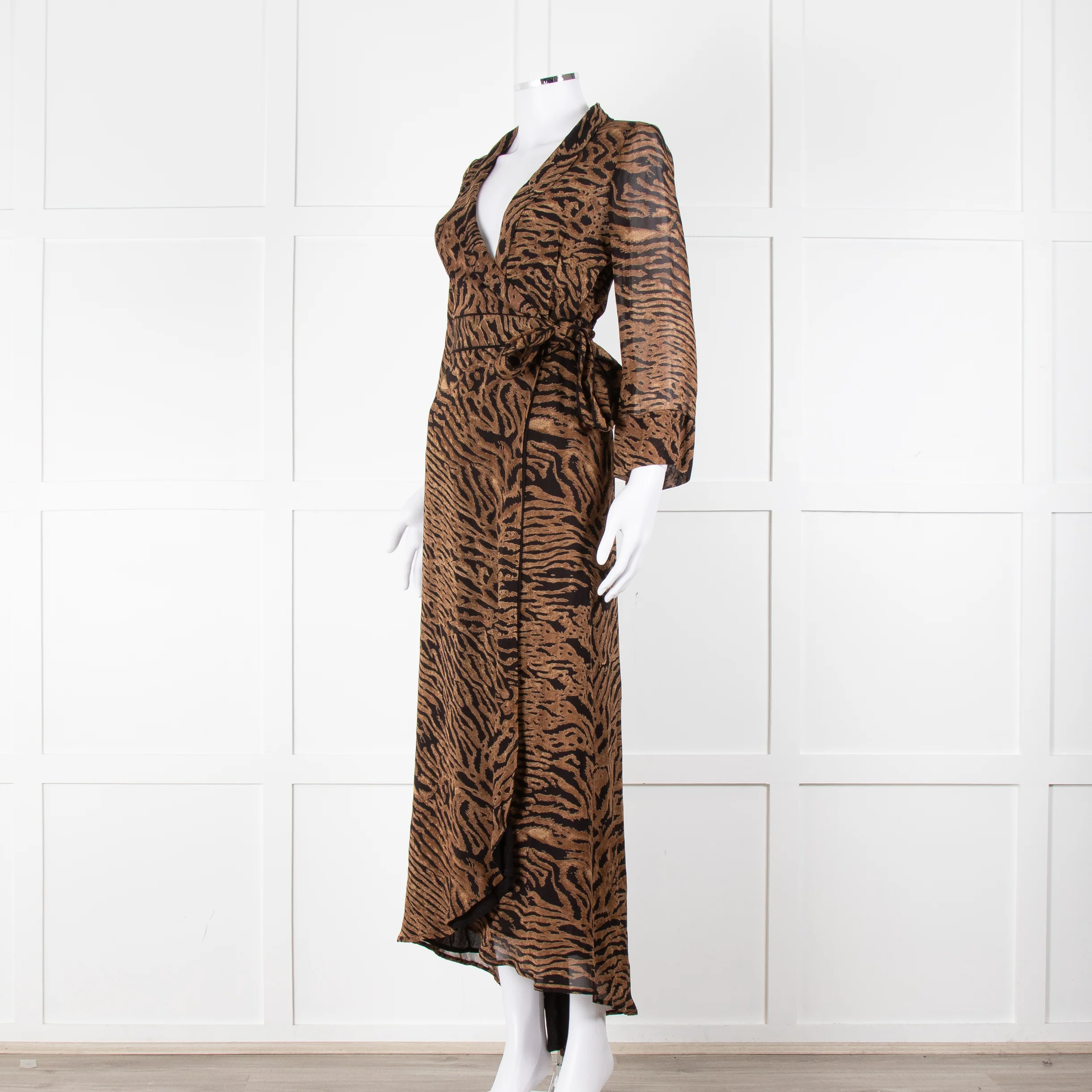 Ganni Brown Animal Print Wrap Around Midi Dress - Image 8