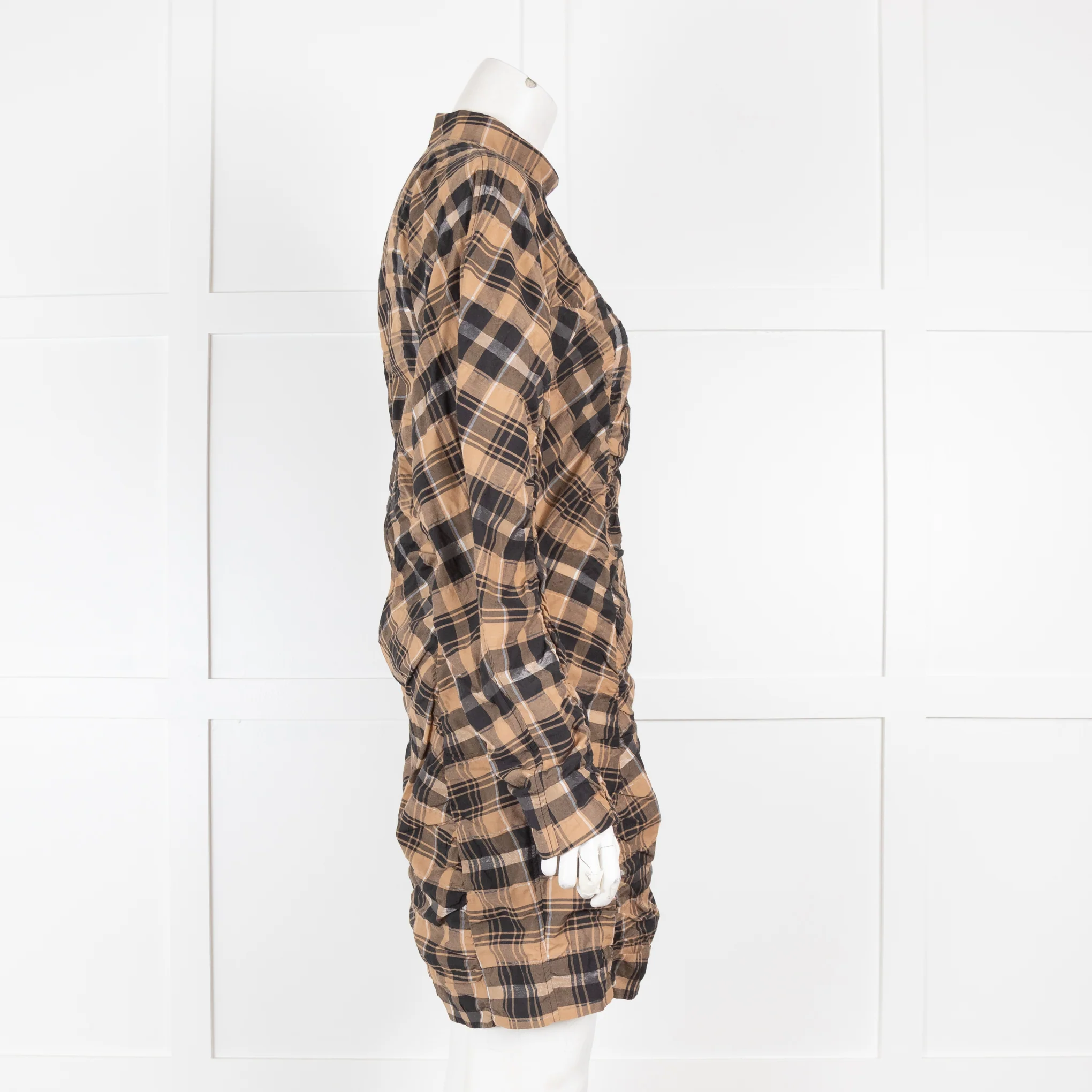 Ganni Brown Check Ruched Sleeve Dress - Image 2