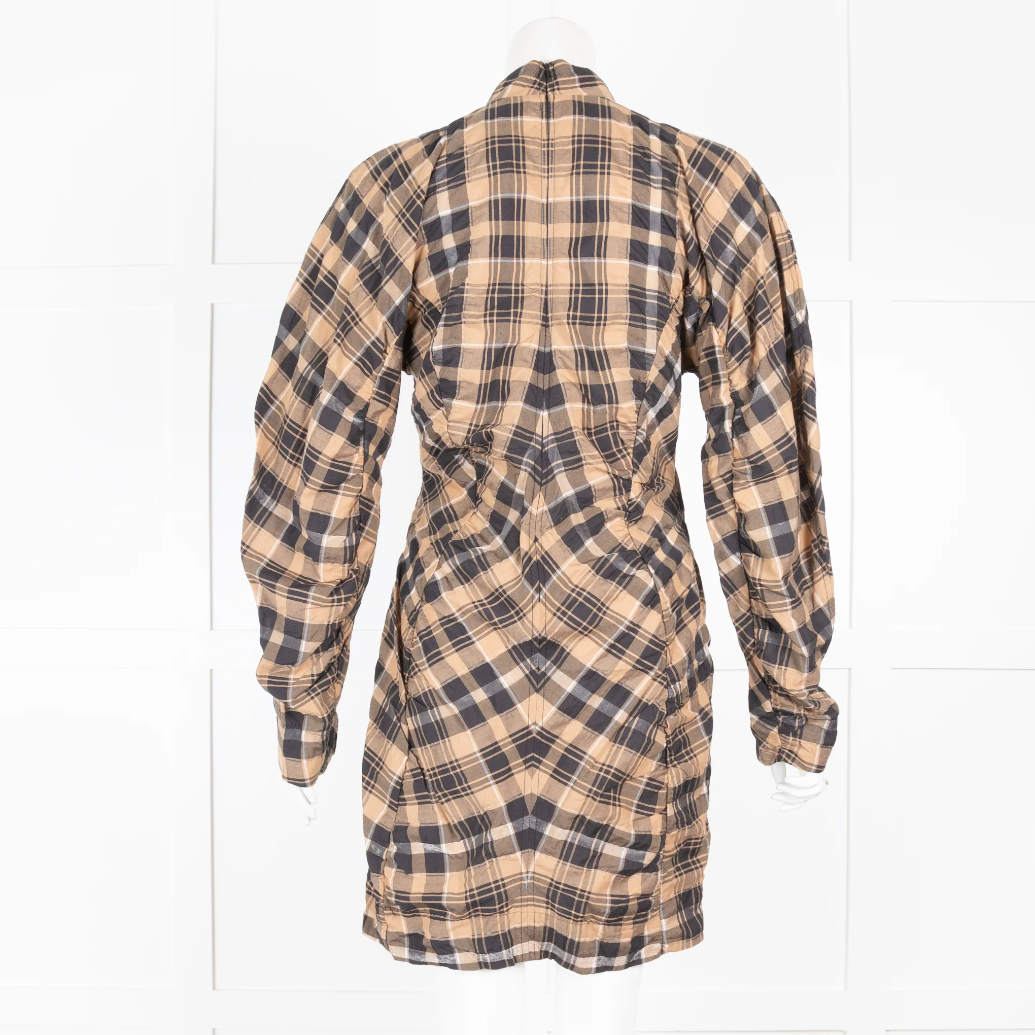 Ganni Brown Check Ruched Sleeve Dress - Image 3