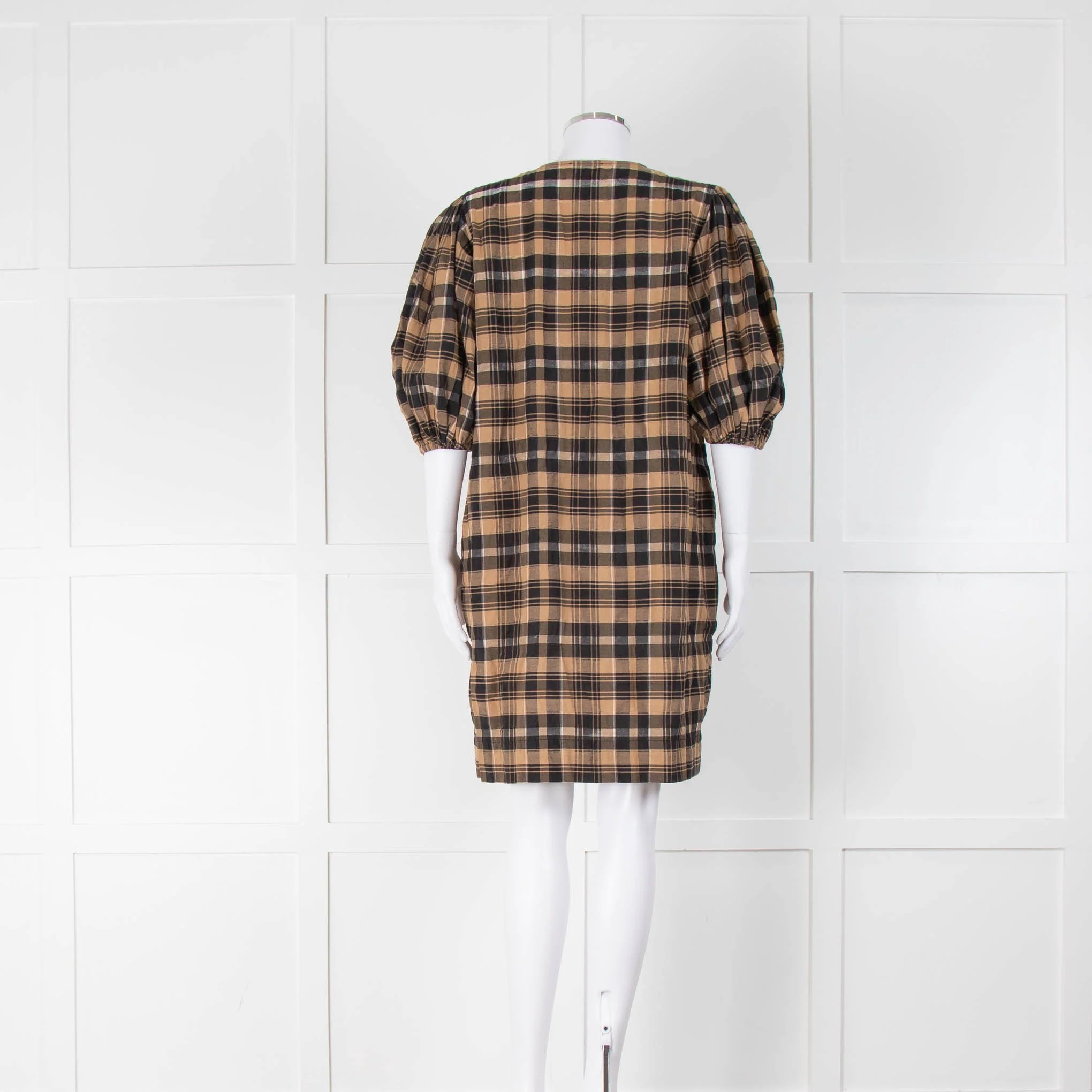 Ganni Brown Gingham Check Cotton Dress - Image 3