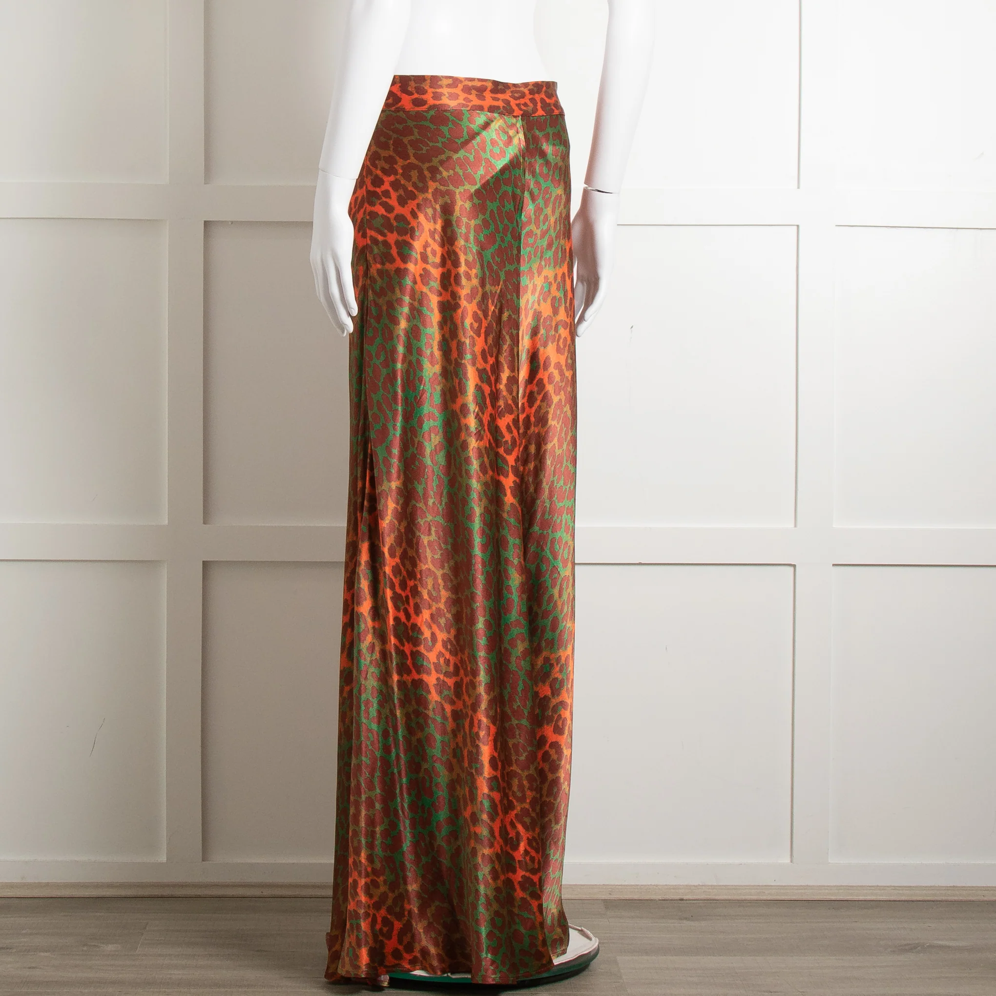 Ganni Brown Orange Green Animal Print Satin Maxi Skirt - Image 6