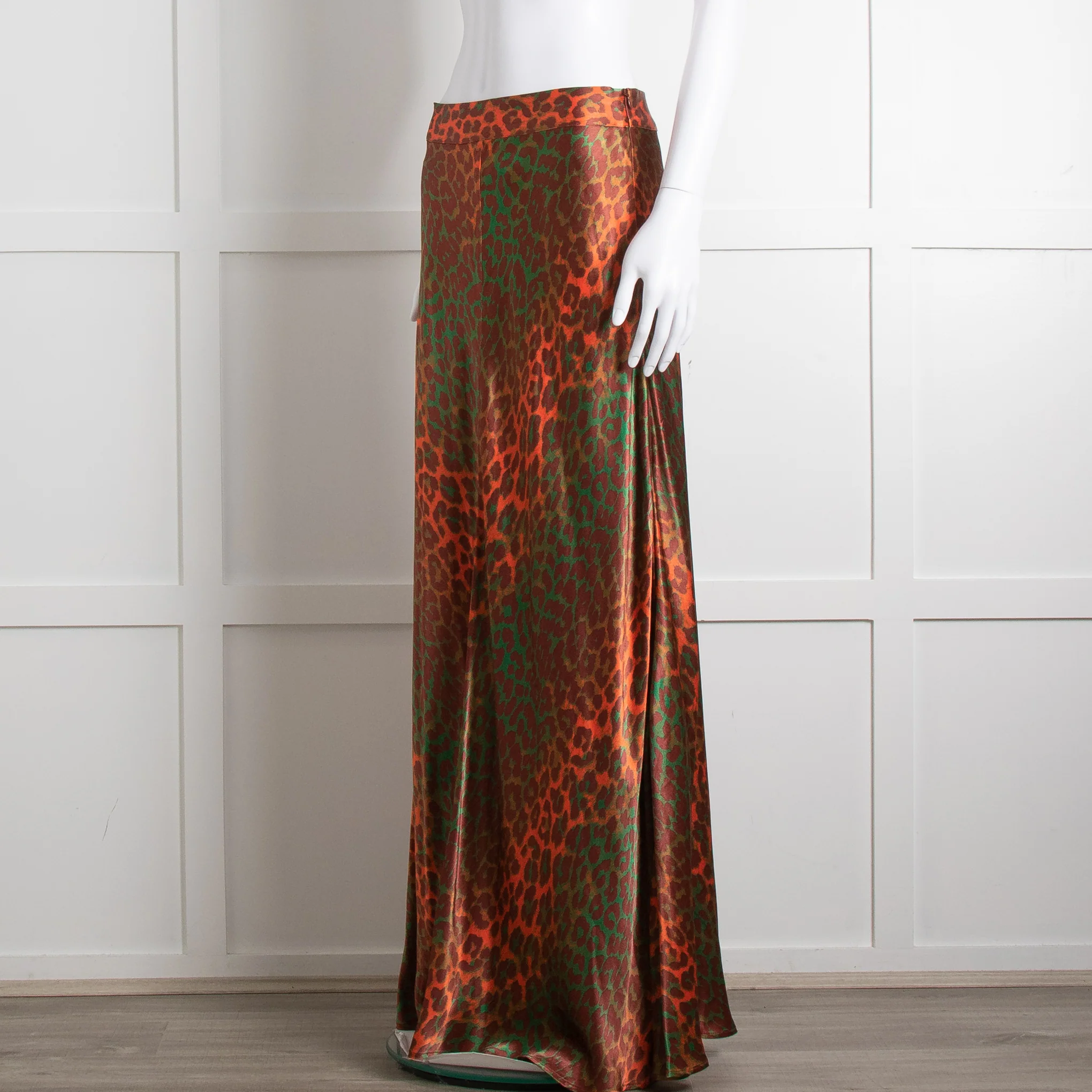 Ganni Brown Orange Green Animal Print Satin Maxi Skirt - Image 8