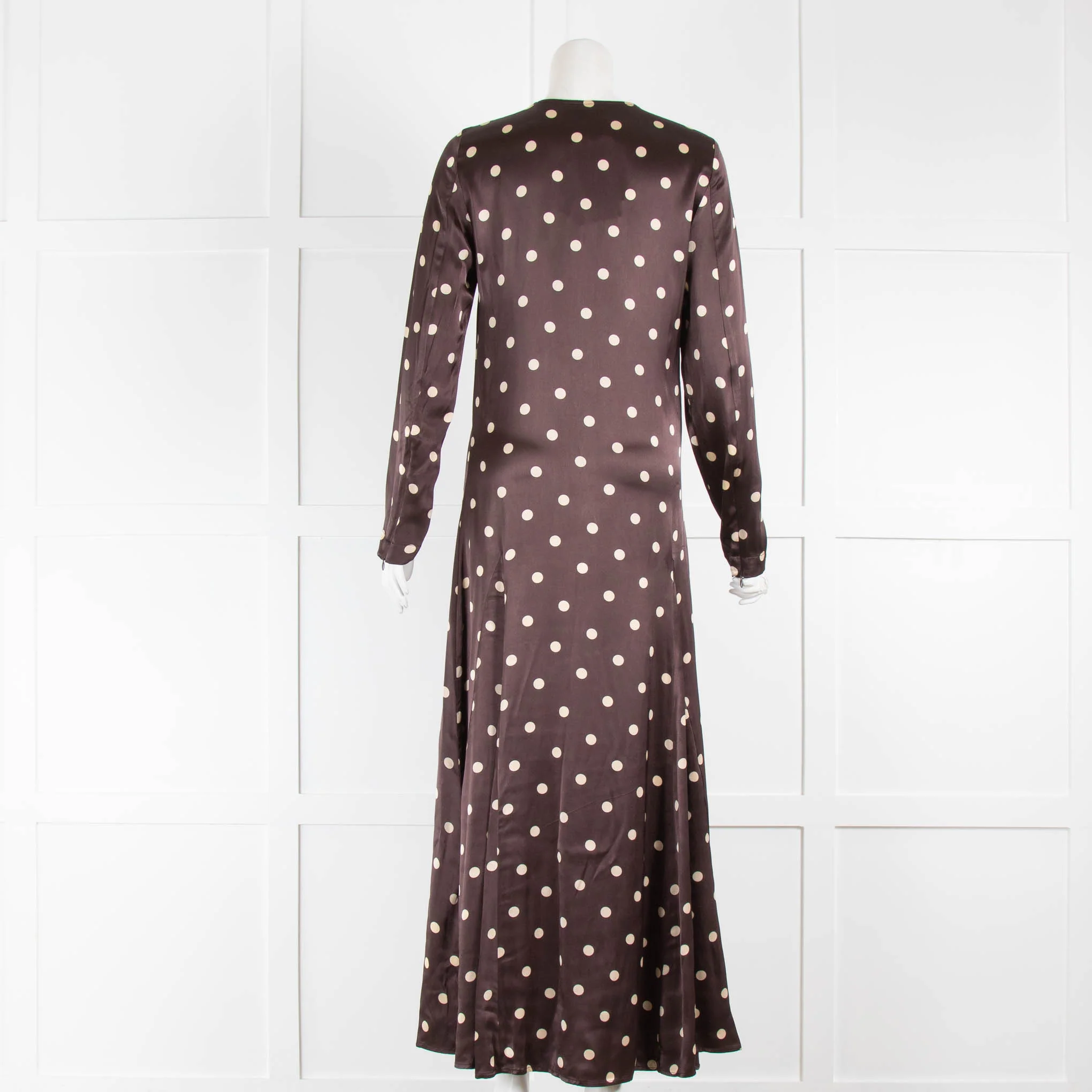 Ganni Brown Satin Polka Dot Maxi Long Sleeve Dress - Image 3