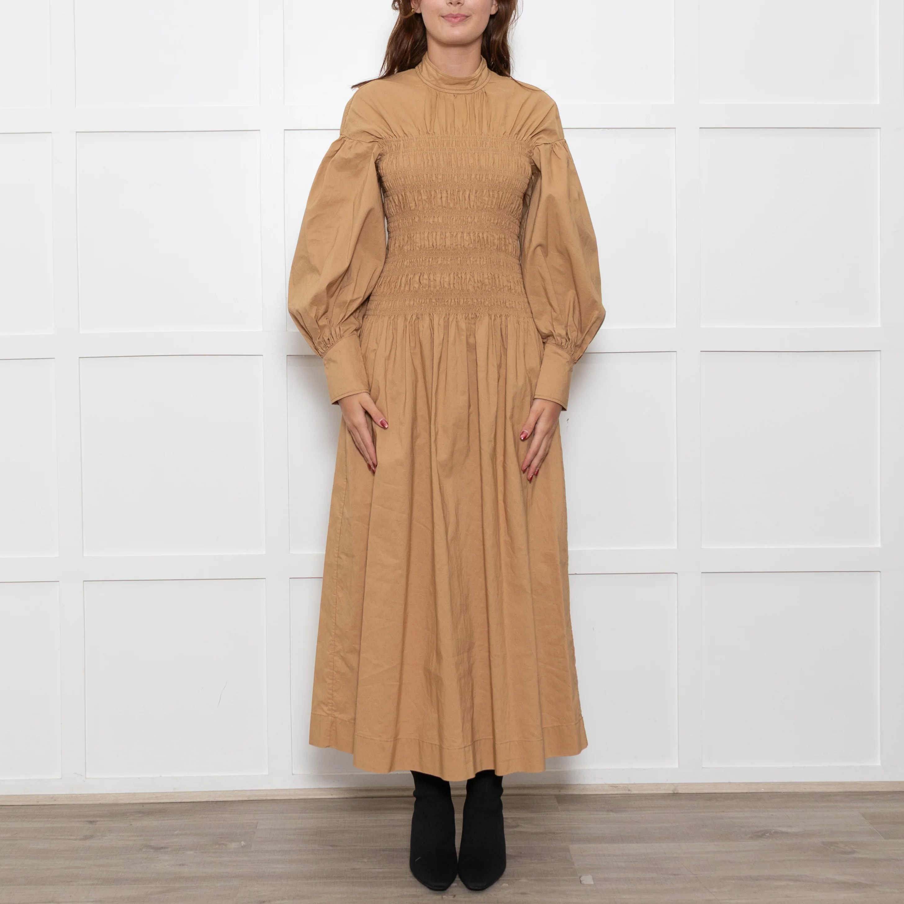 Ganni Caramel Rushed Long Sleeve Cotton Maxi Dress - Image 2