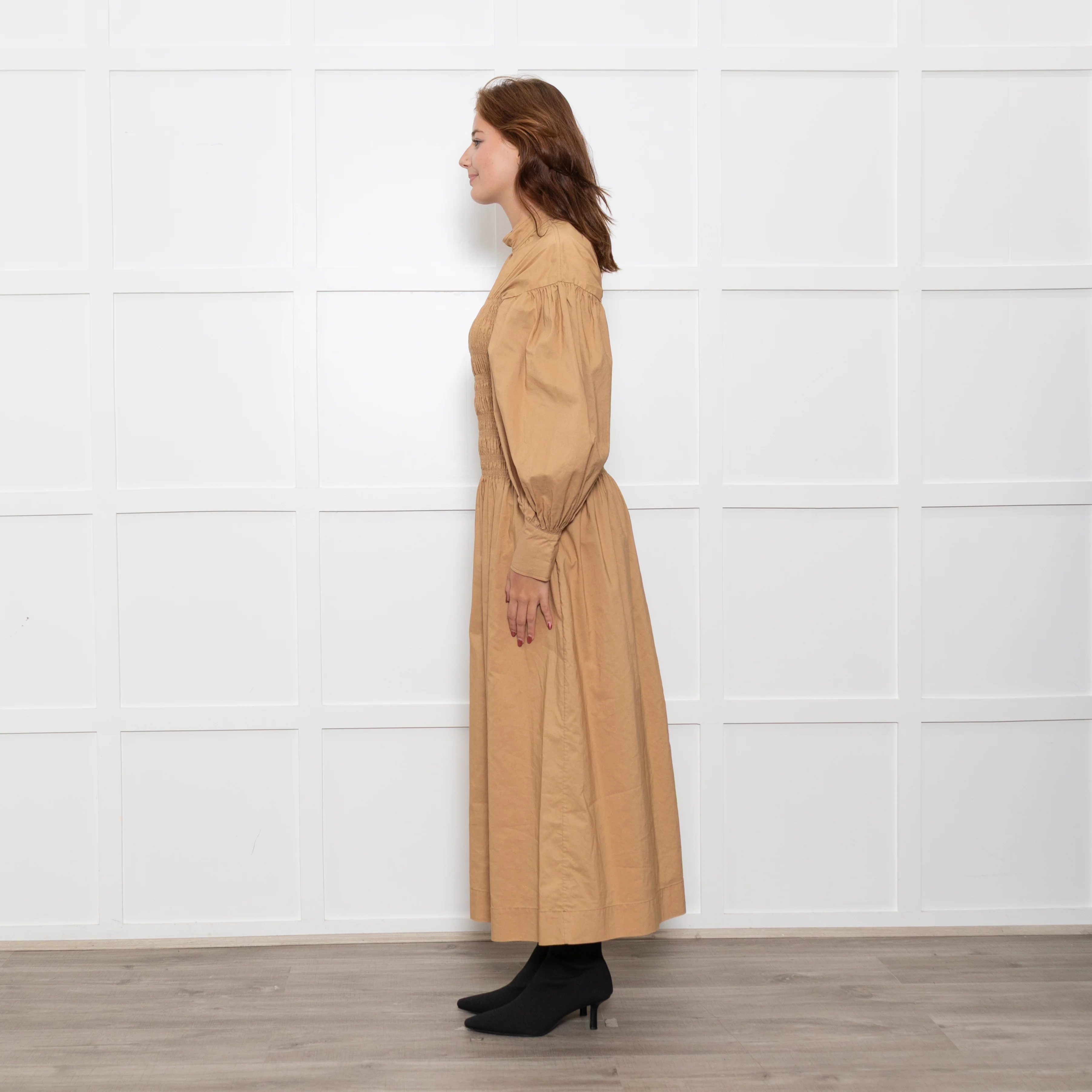 Ganni Caramel Rushed Long Sleeve Cotton Maxi Dress - Image 4