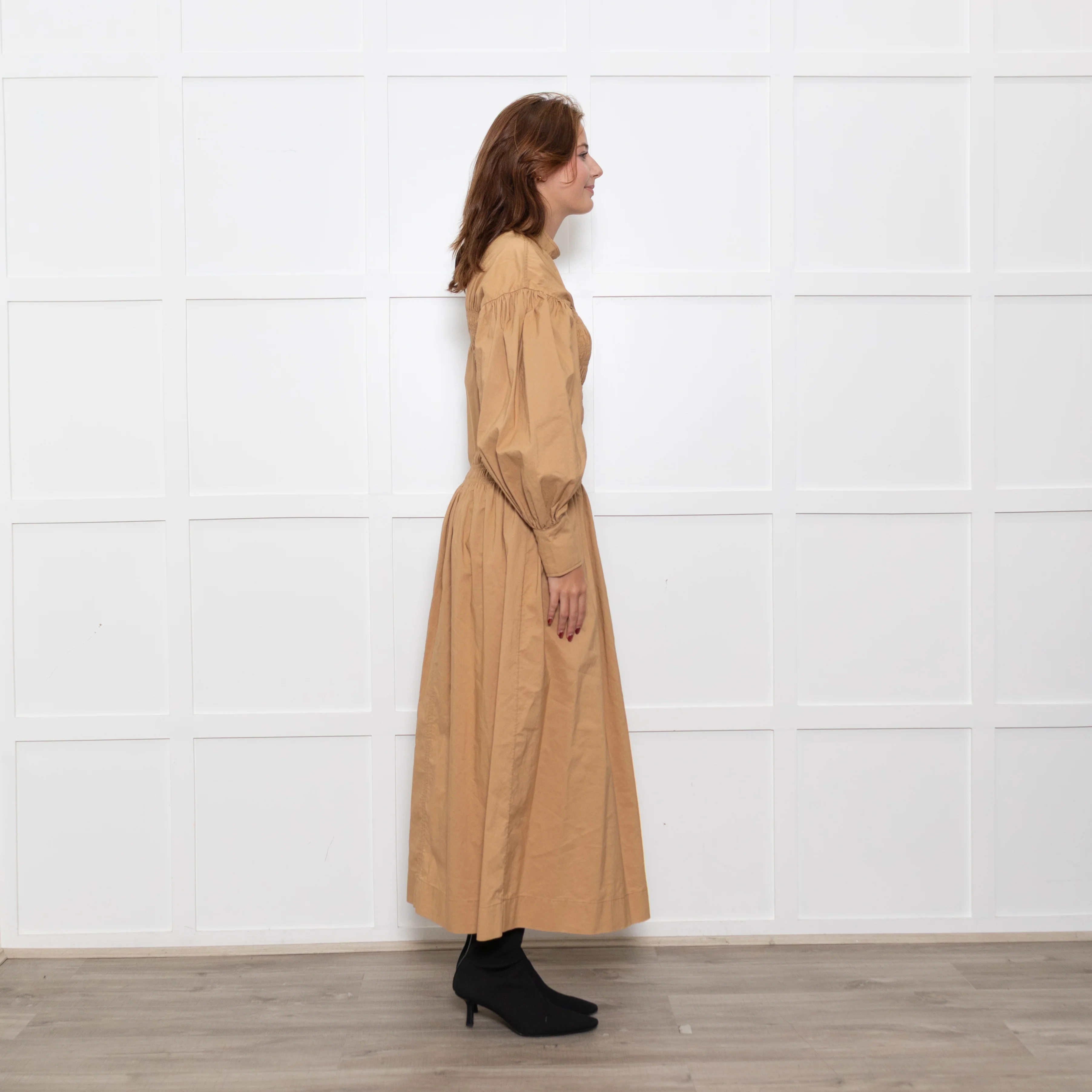 Ganni Caramel Rushed Long Sleeve Cotton Maxi Dress - Image 6