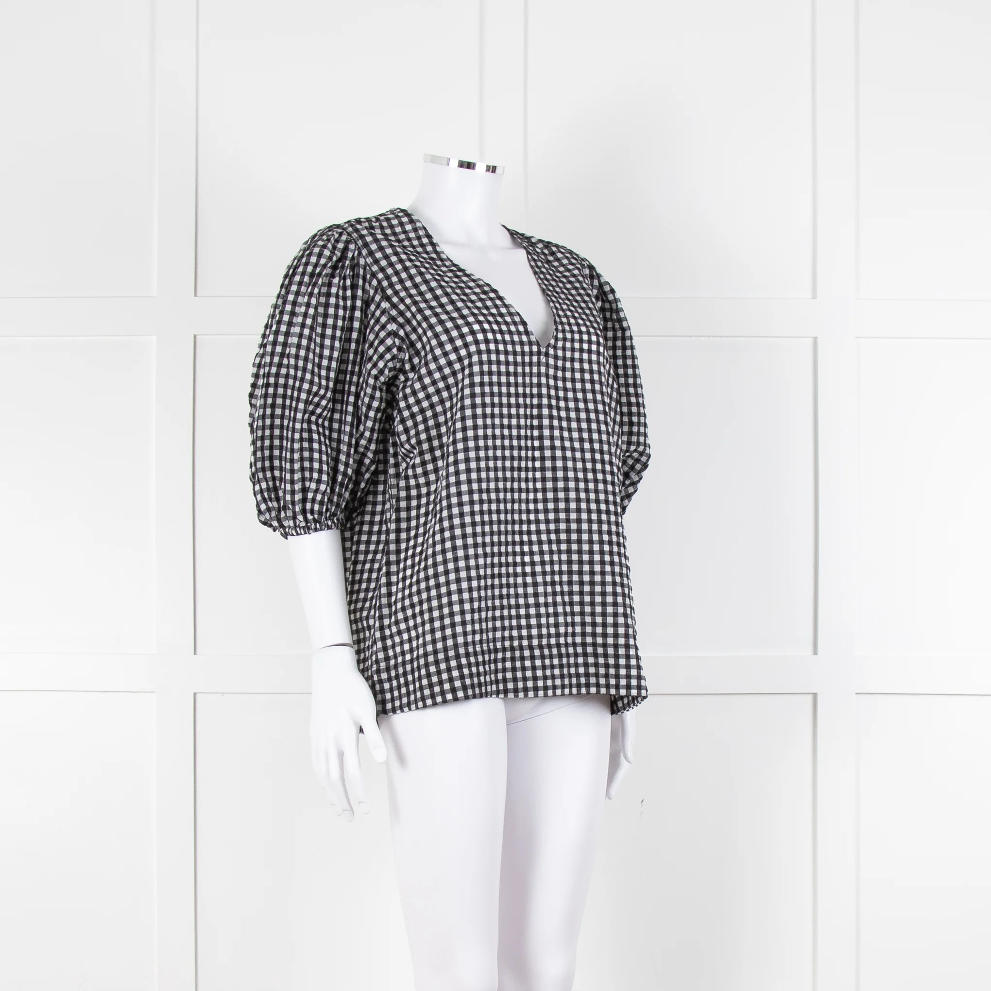 Ganni Checked Top with Puff Sleeves - Image 2