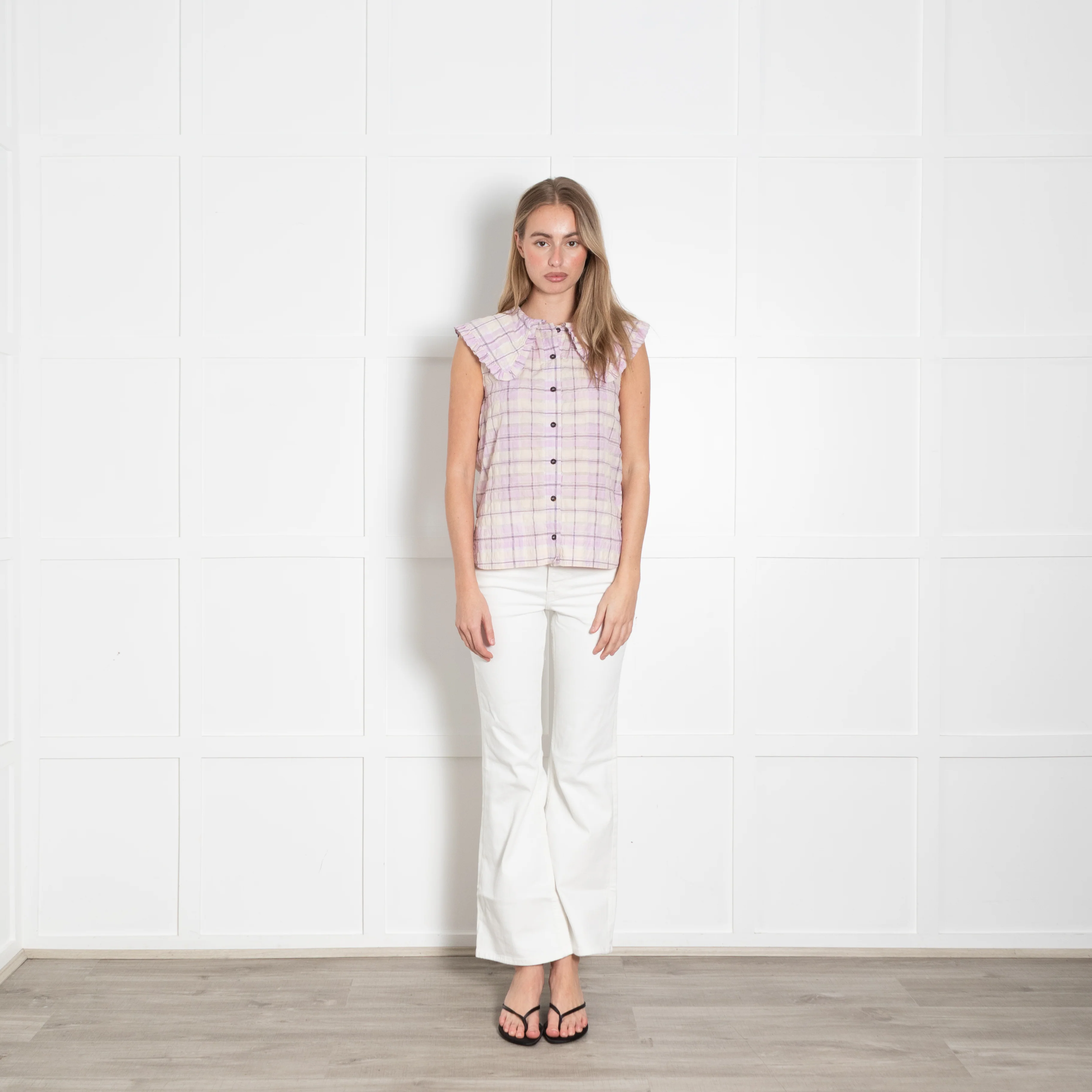 Ganni Cream Lilac Check Frill Collar Sleeveless Shirt