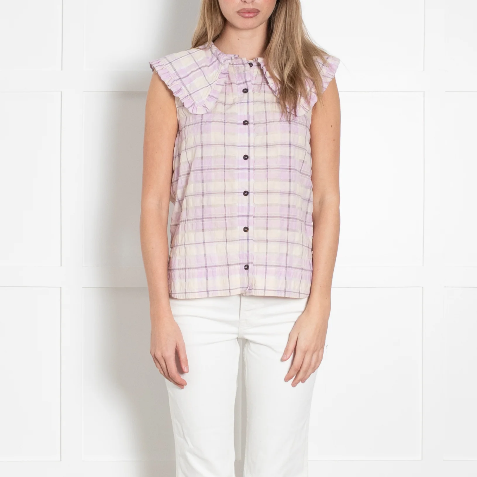 Ganni Cream Lilac Check Frill Collar Sleeveless Shirt - Image 2