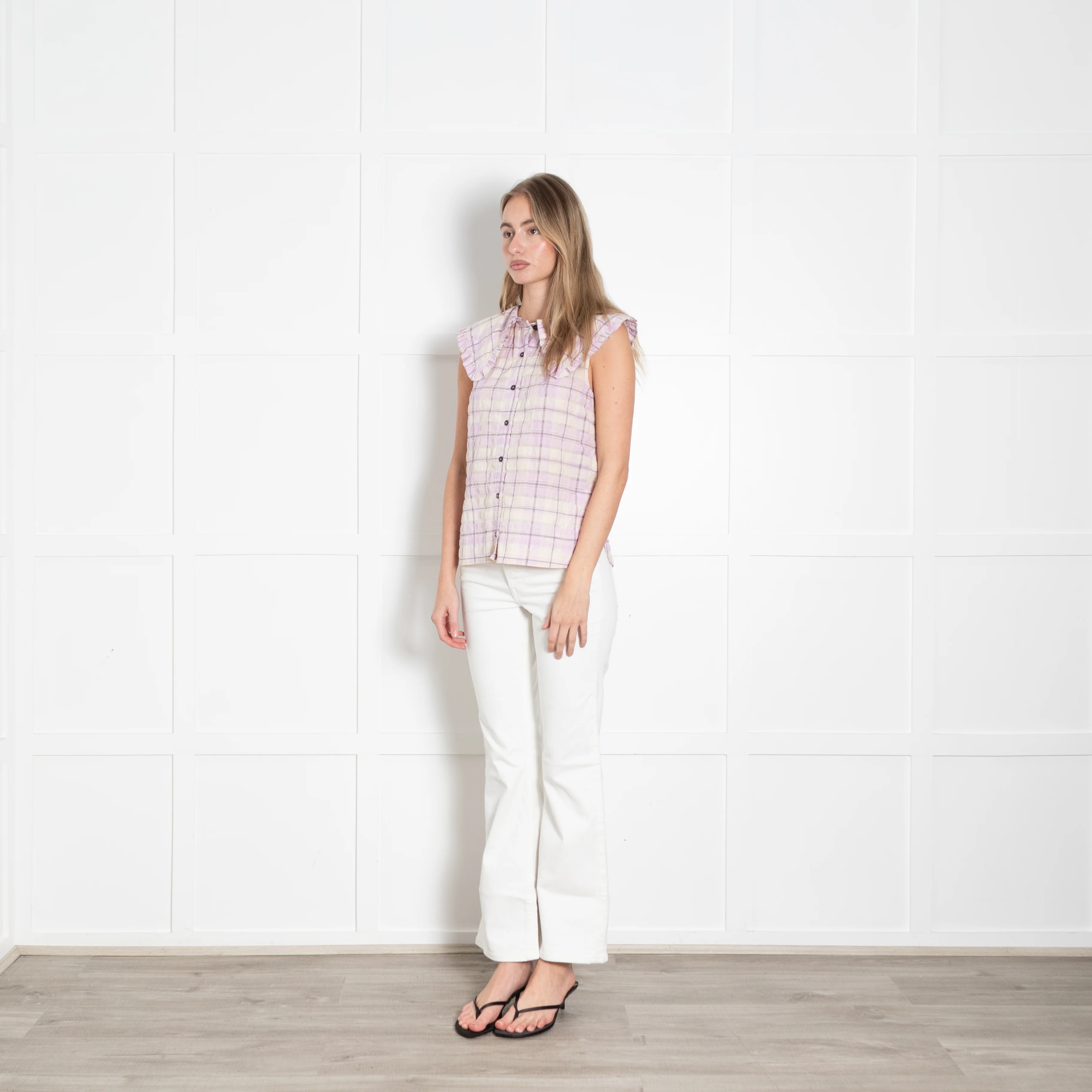 Ganni Cream Lilac Check Frill Collar Sleeveless Shirt - Image 3