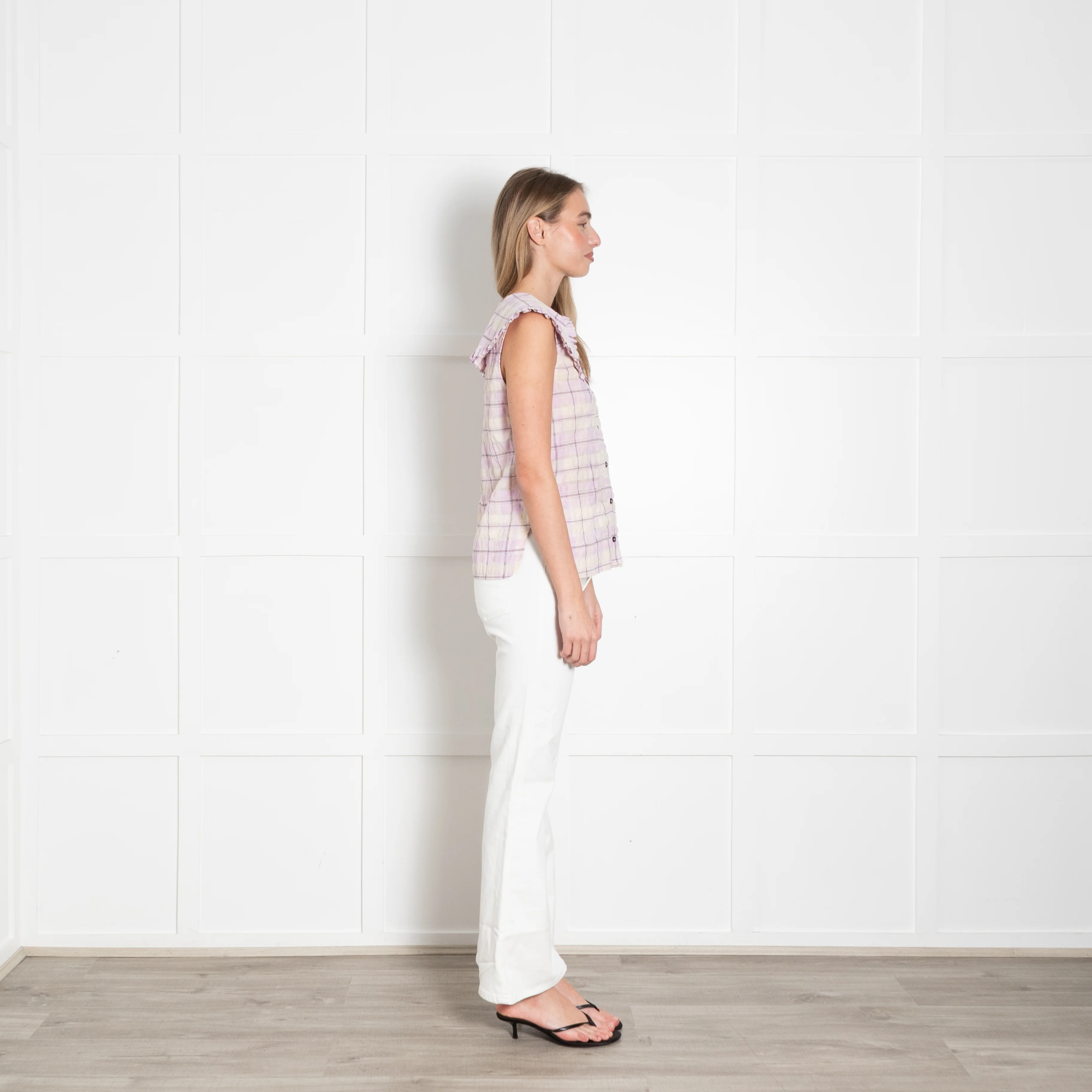 Ganni Cream Lilac Check Frill Collar Sleeveless Shirt - Image 6