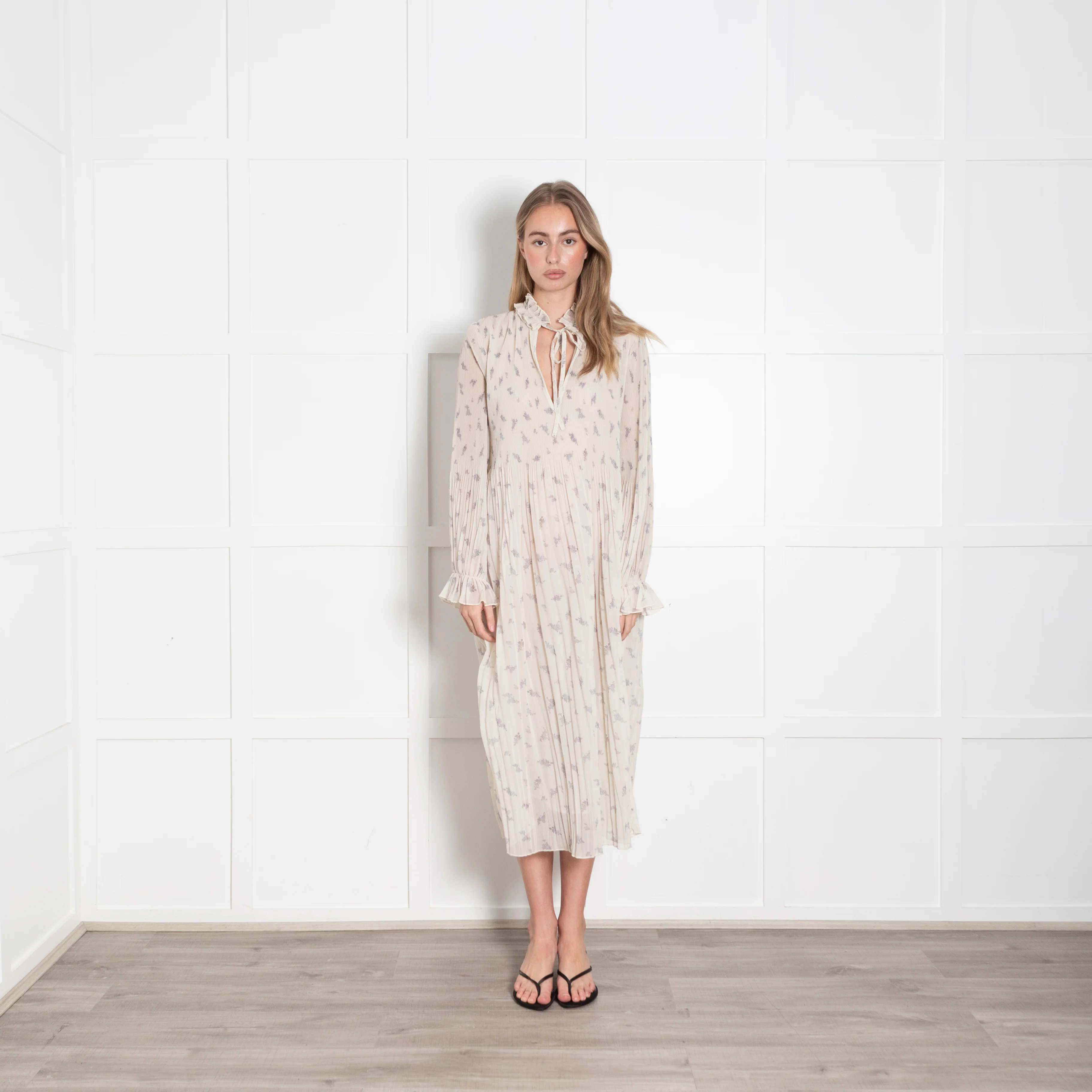 Ganni Cream Lilac Pleated Dress