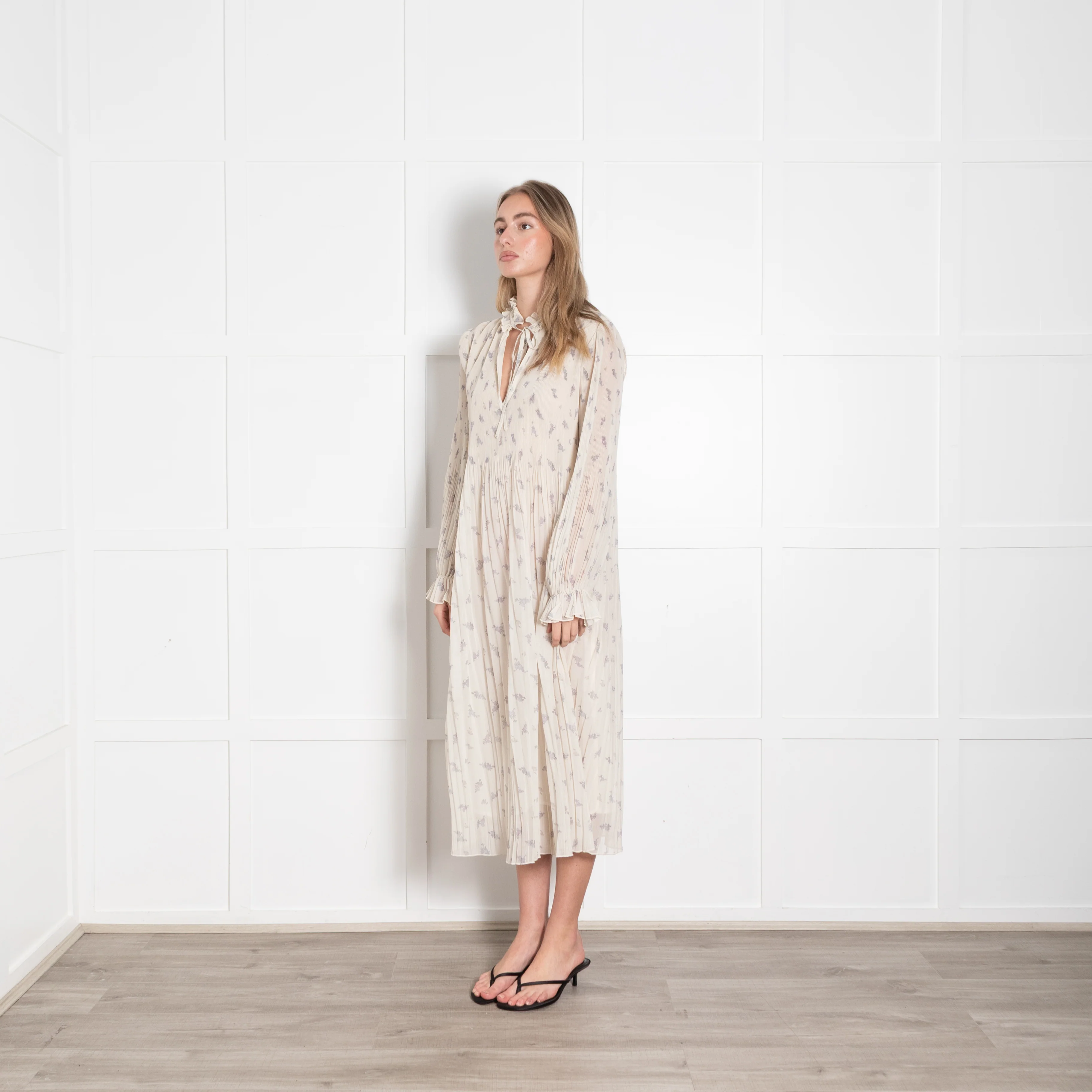 Ganni Cream Lilac Pleated Dress - Image 3