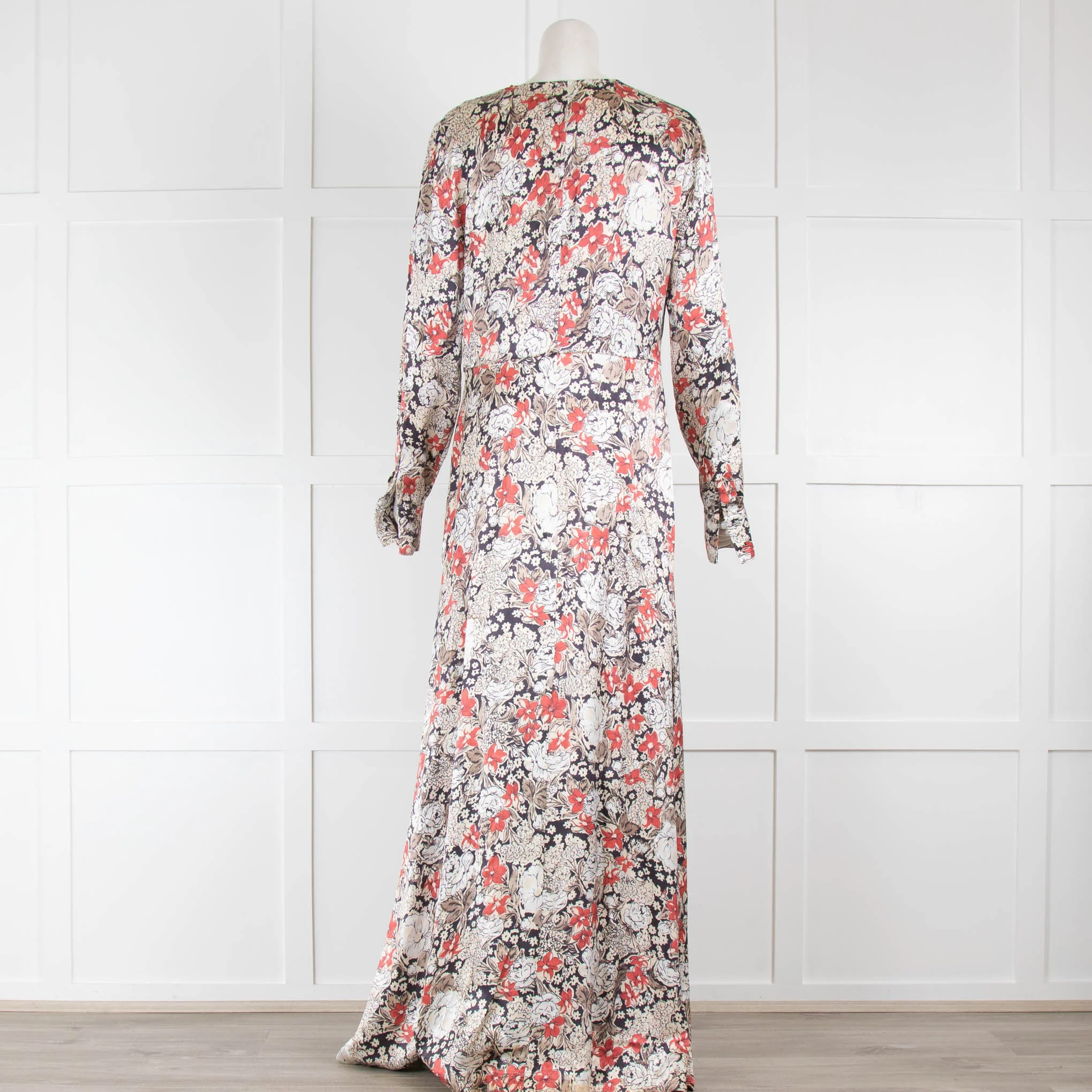 Ganni Cream red Floral V Neck Maxi Long Sleeve Dress - Image 3