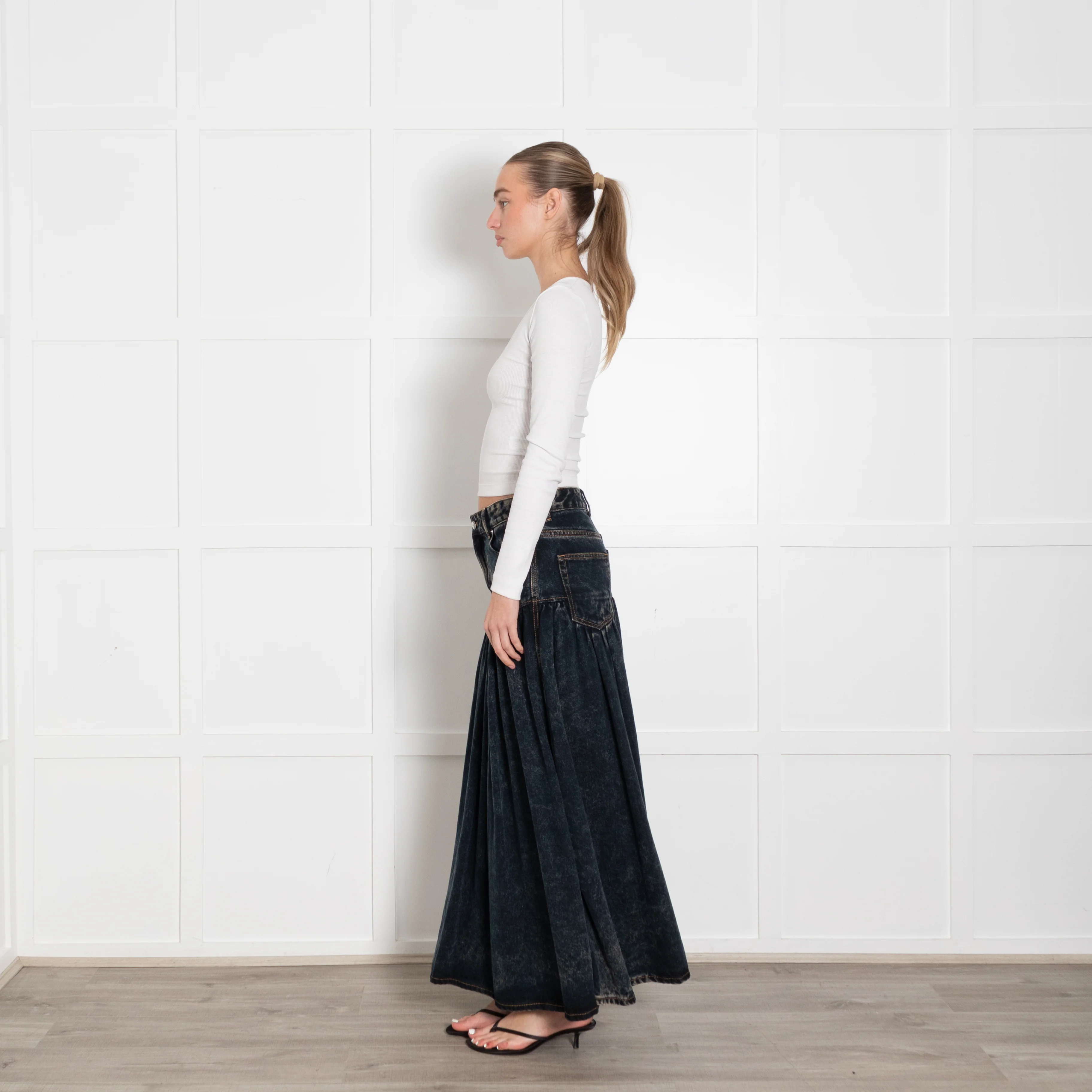 Ganni Dark Blue Stone Wash Denim Long Drop Waist Skirt - Image 4