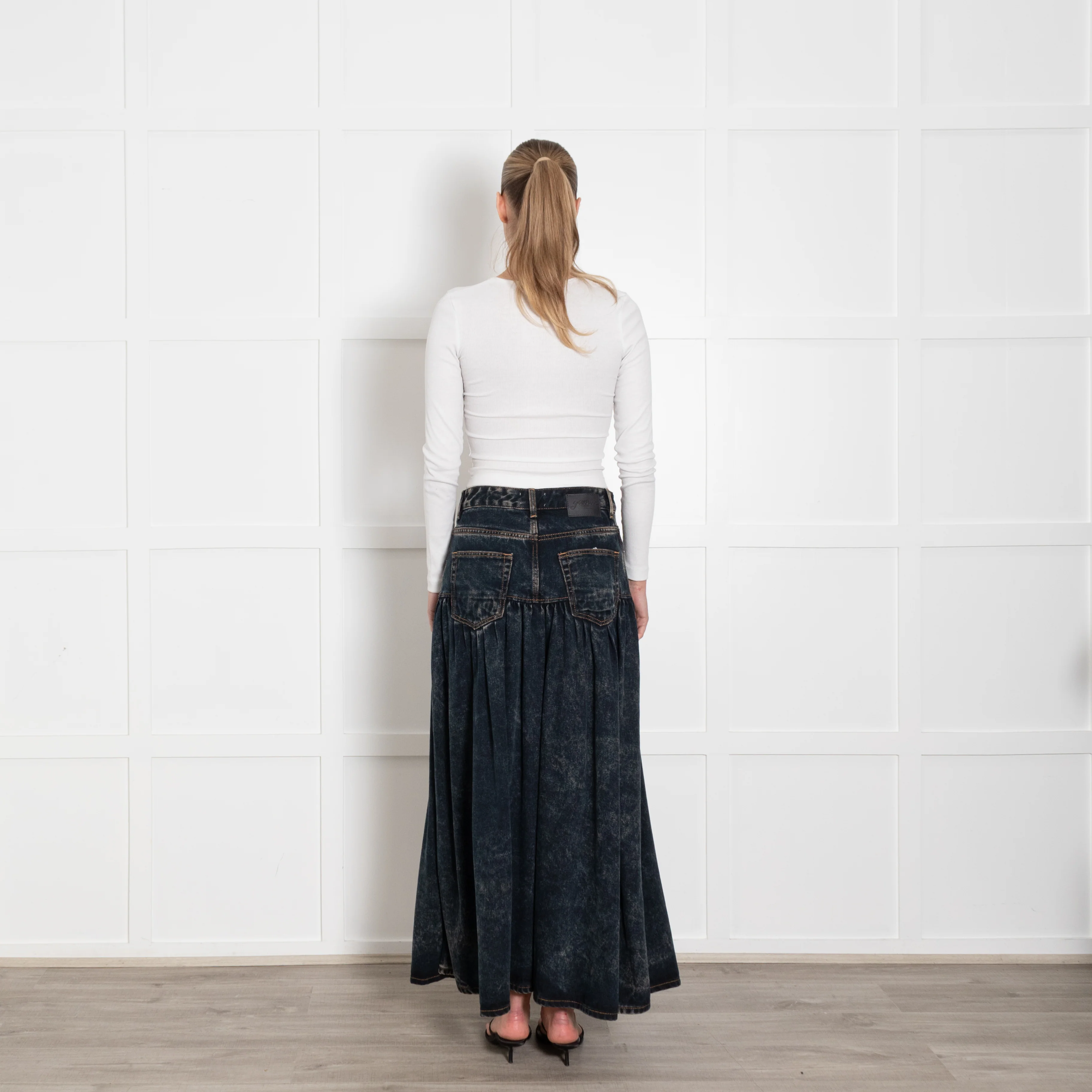 Ganni Dark Blue Stone Wash Denim Long Drop Waist Skirt - Image 5