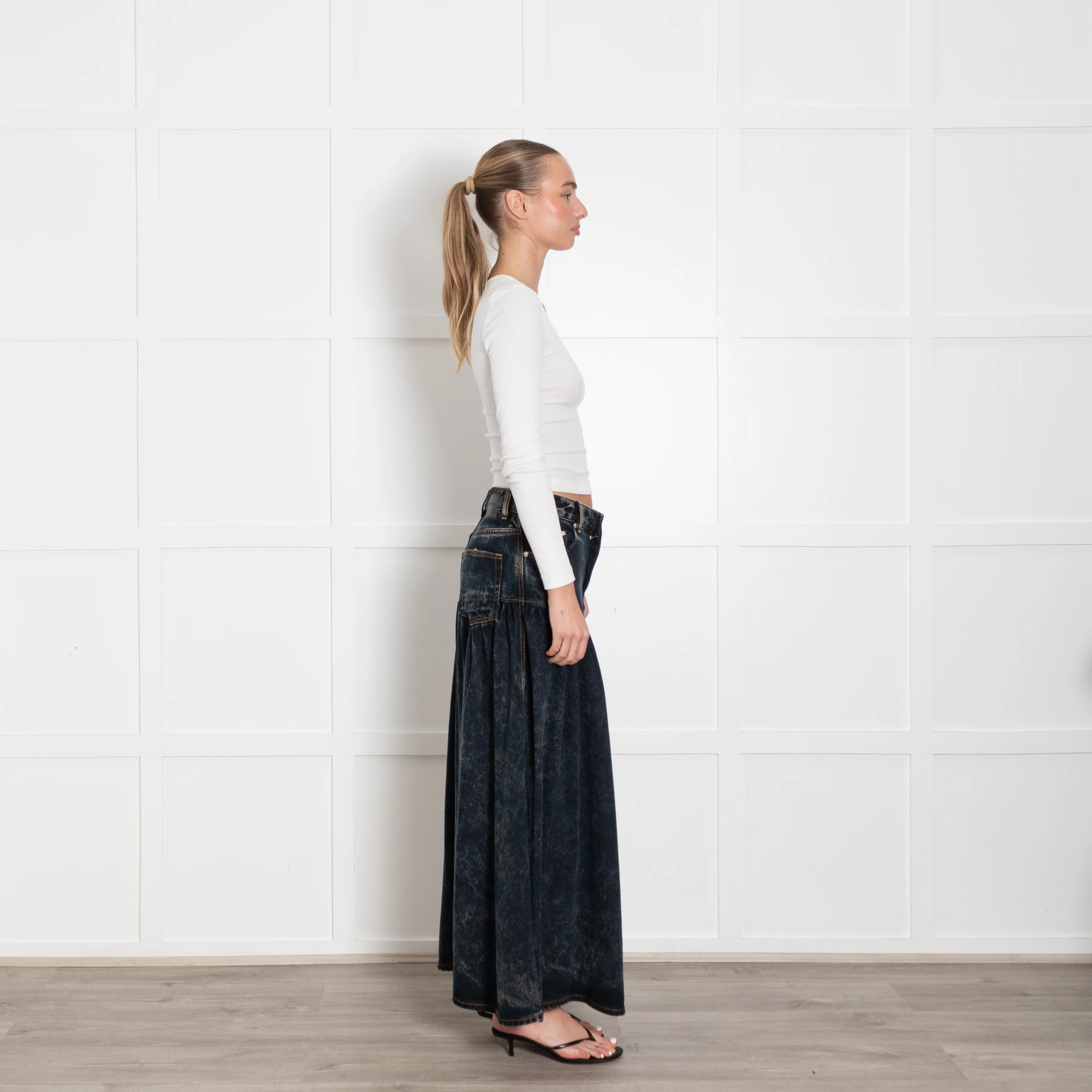 Ganni Dark Blue Stone Wash Denim Long Drop Waist Skirt - Image 6