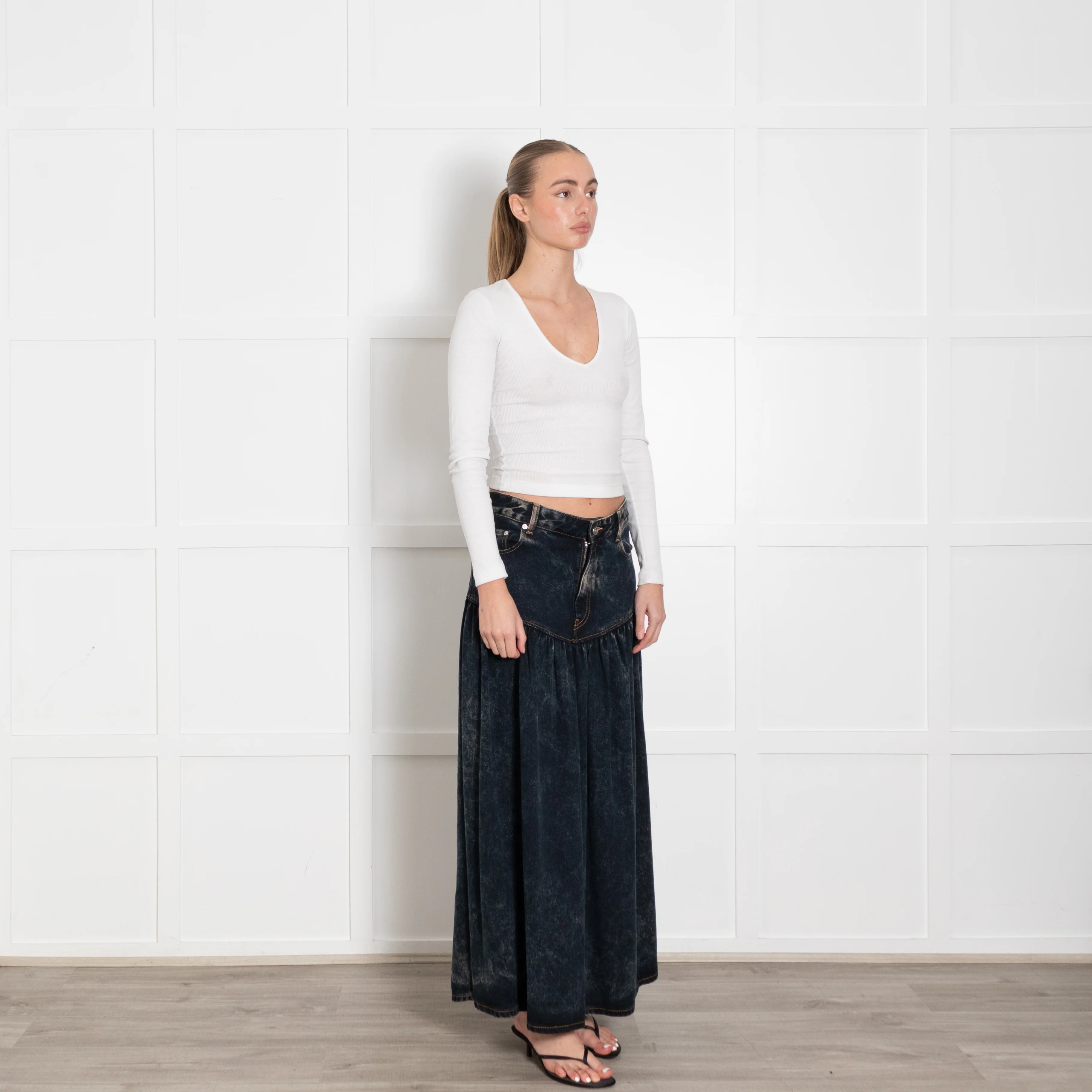 Ganni Dark Blue Stone Wash Denim Long Drop Waist Skirt - Image 7