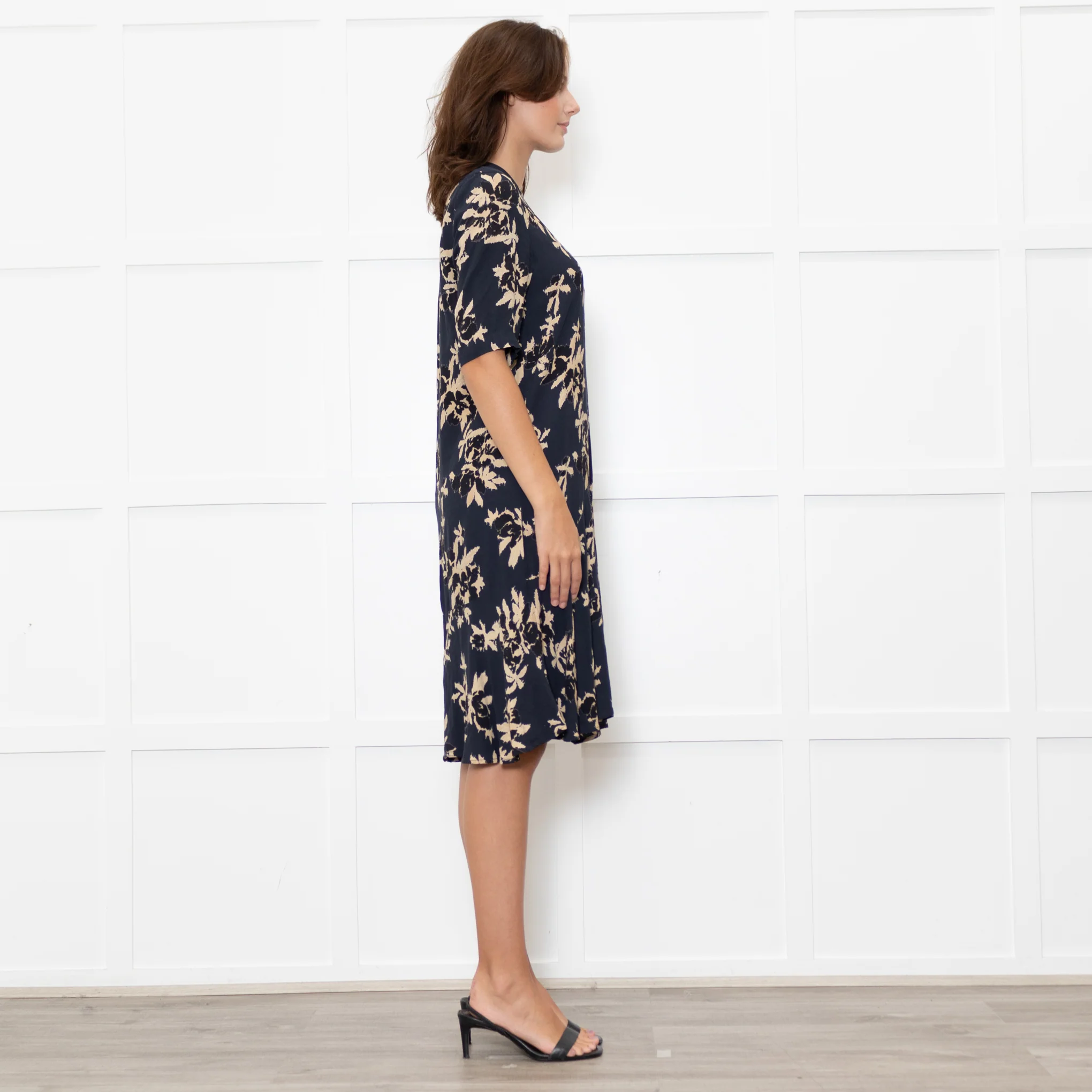 Ganni Dark Navy Black Tan Flower Print Short Sleeve Dress - Image 6
