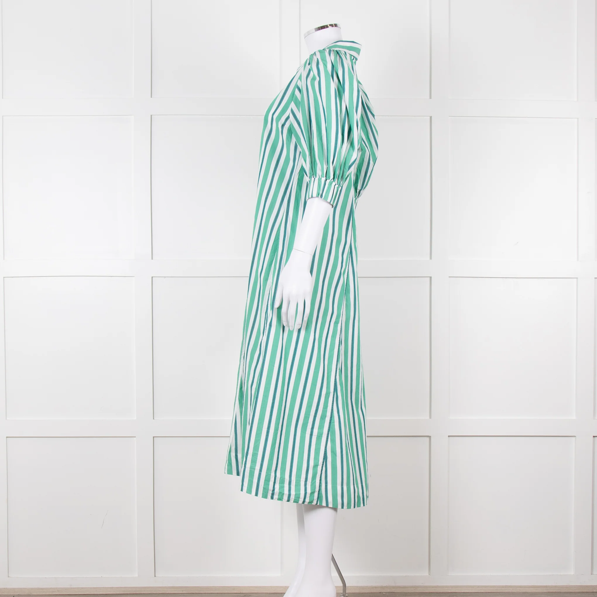 Ganni Green and White Stripes Trapeze Style Dress - Image 3