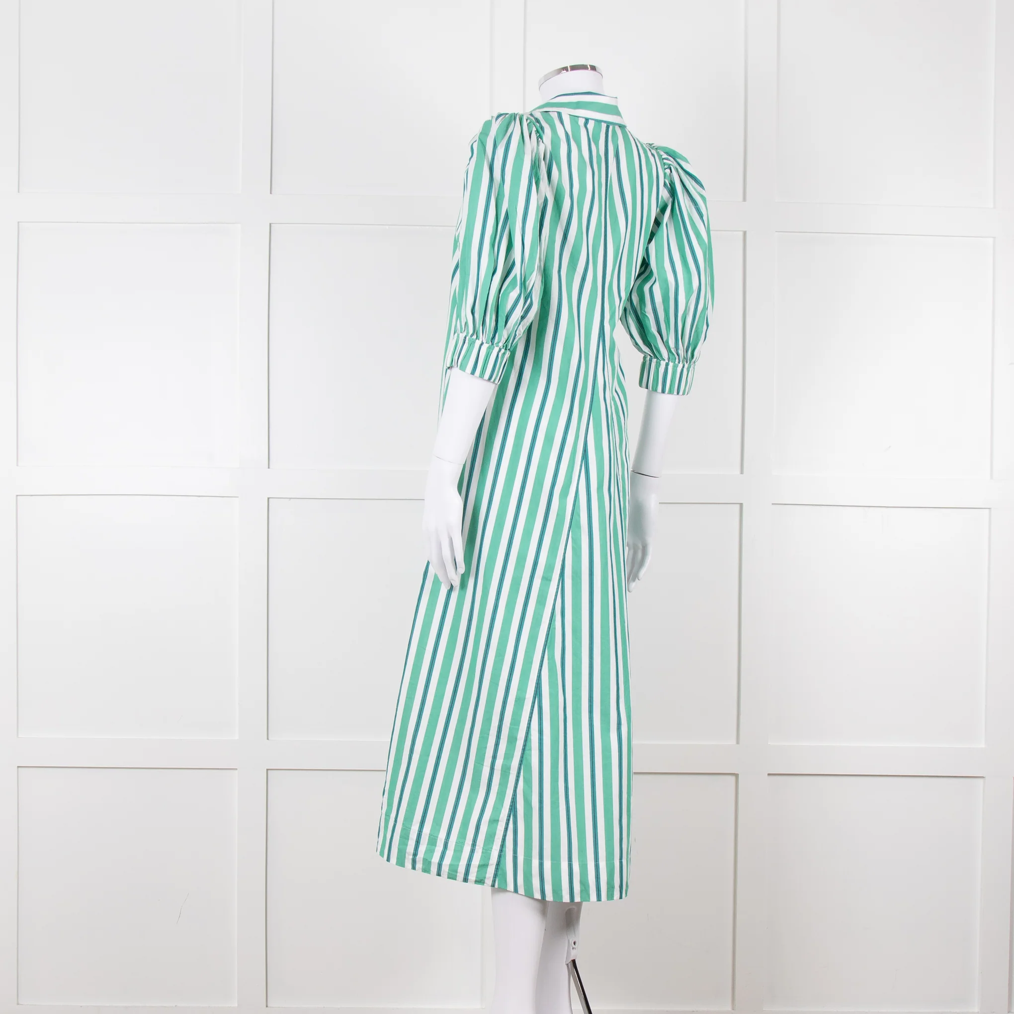 Ganni Green and White Stripes Trapeze Style Dress - Image 4