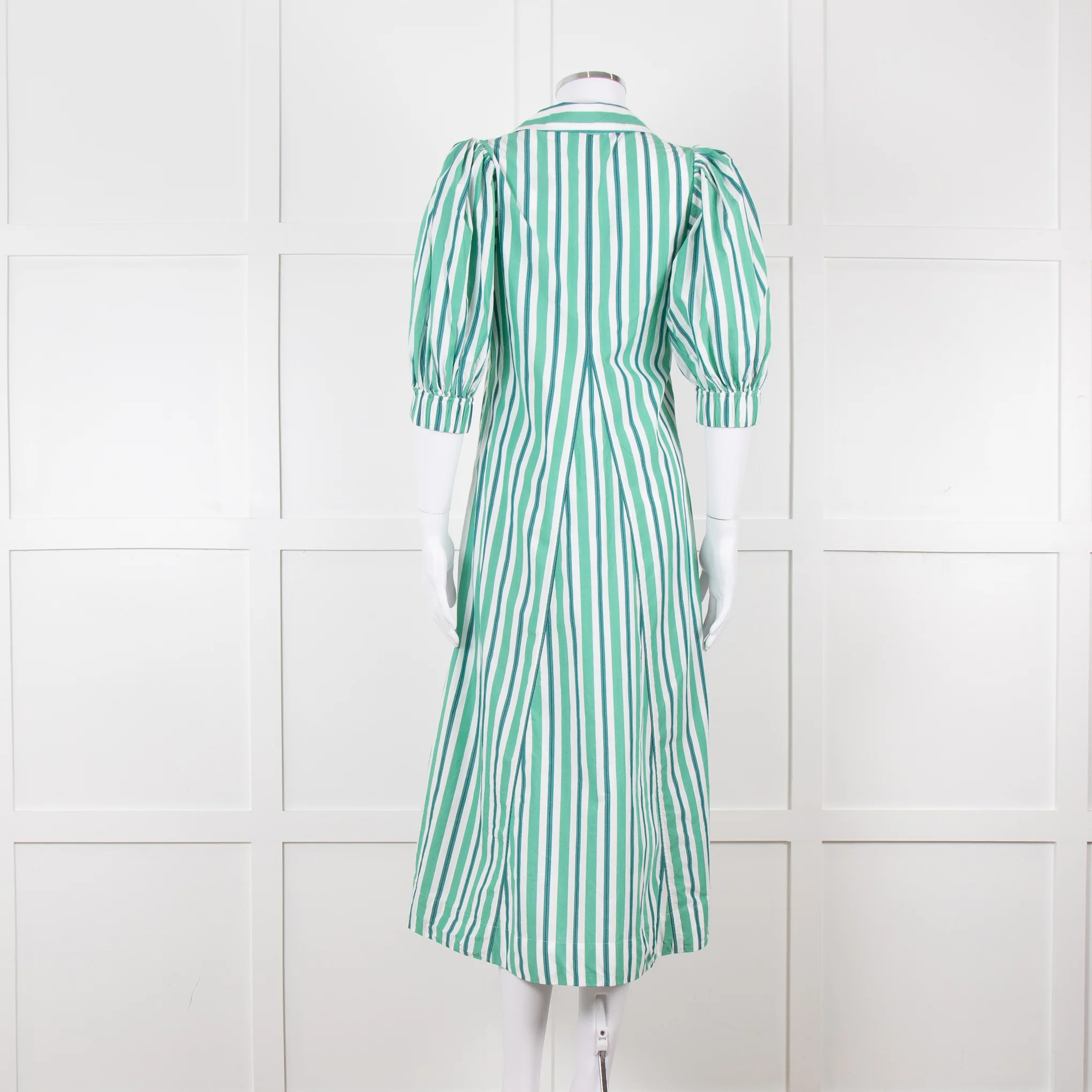 Ganni Green and White Stripes Trapeze Style Dress - Image 5