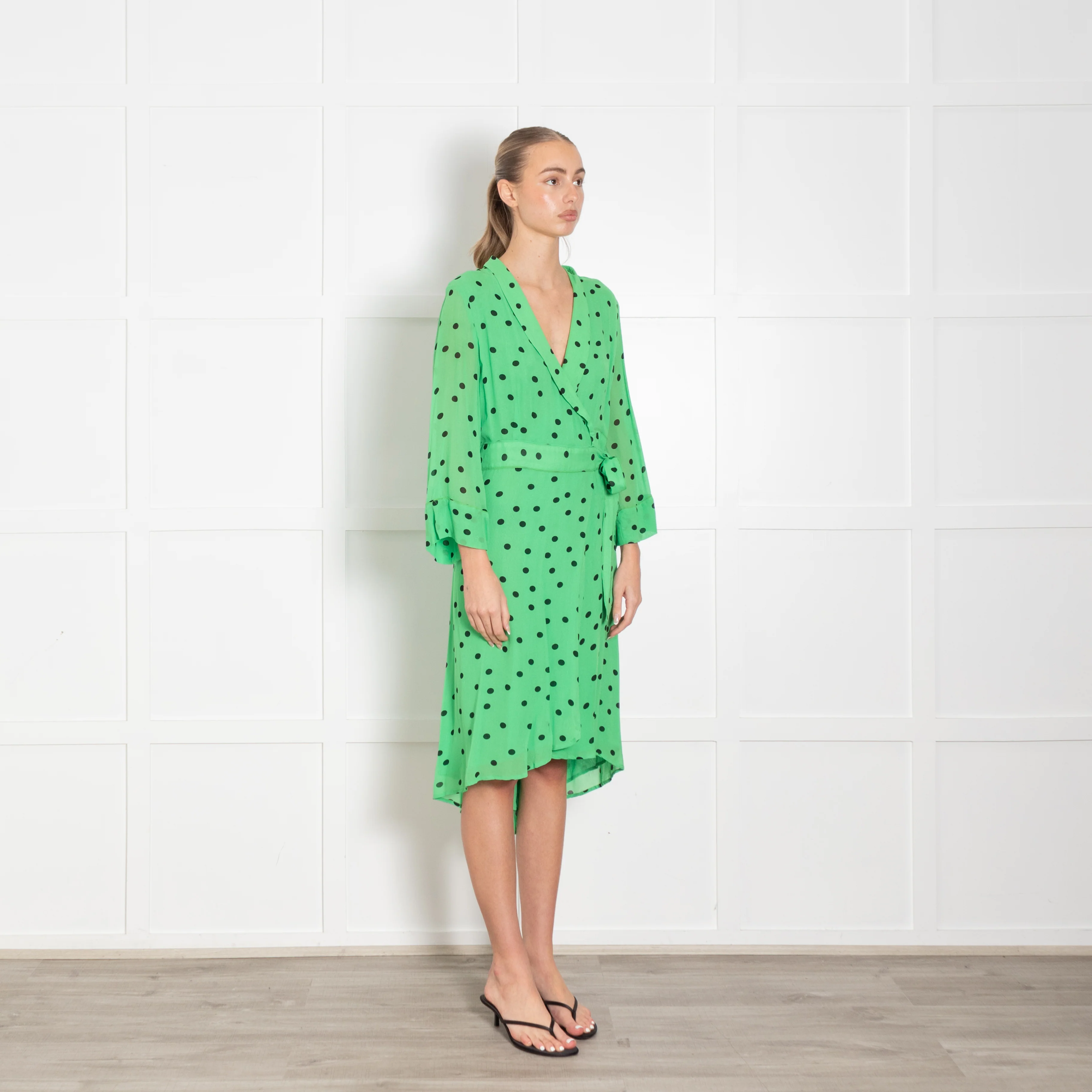 Ganni Green Black Polka Dot Wrap Dress - Image 7