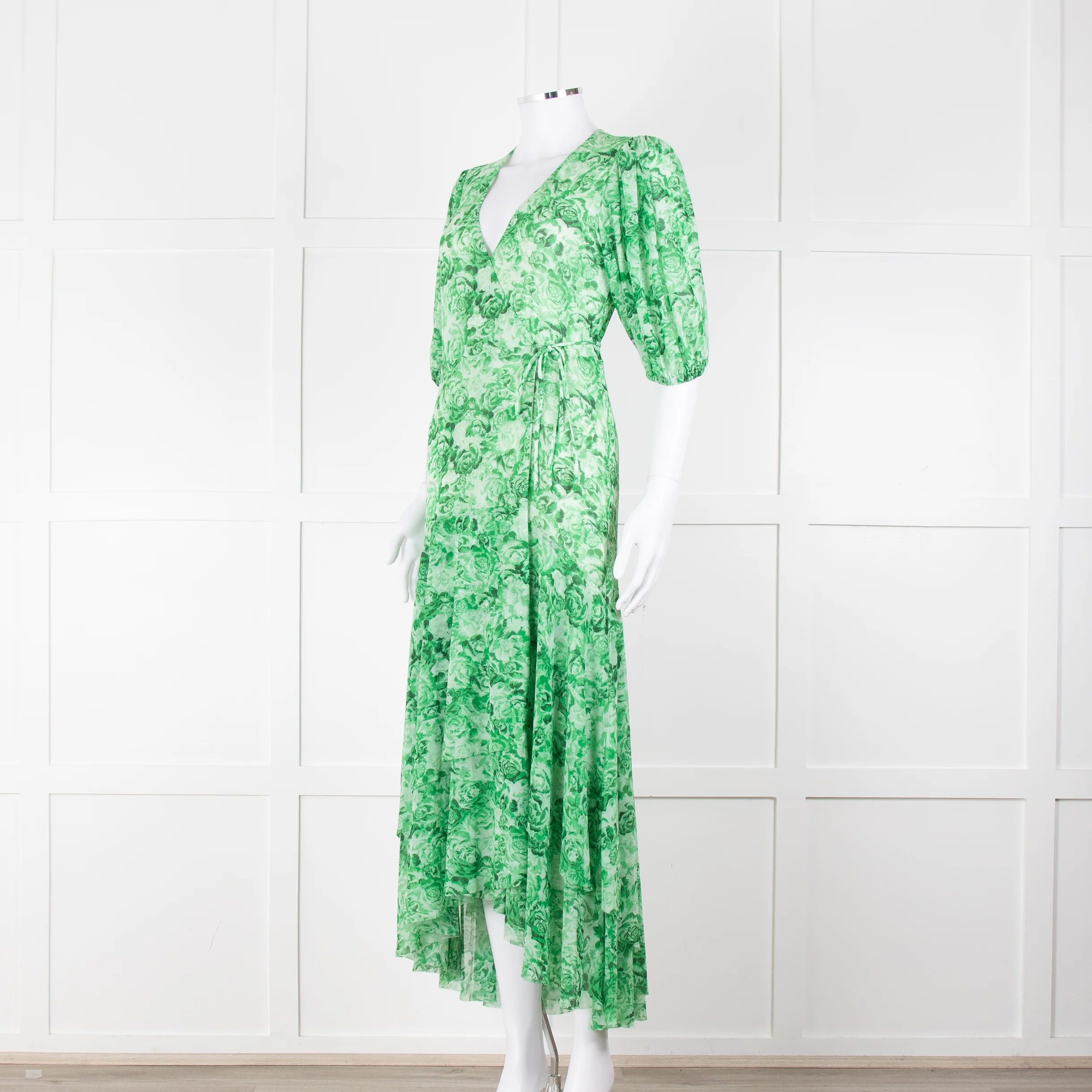 Ganni Green On Green Floral Short Sleeve Wrap Dress - Image 8
