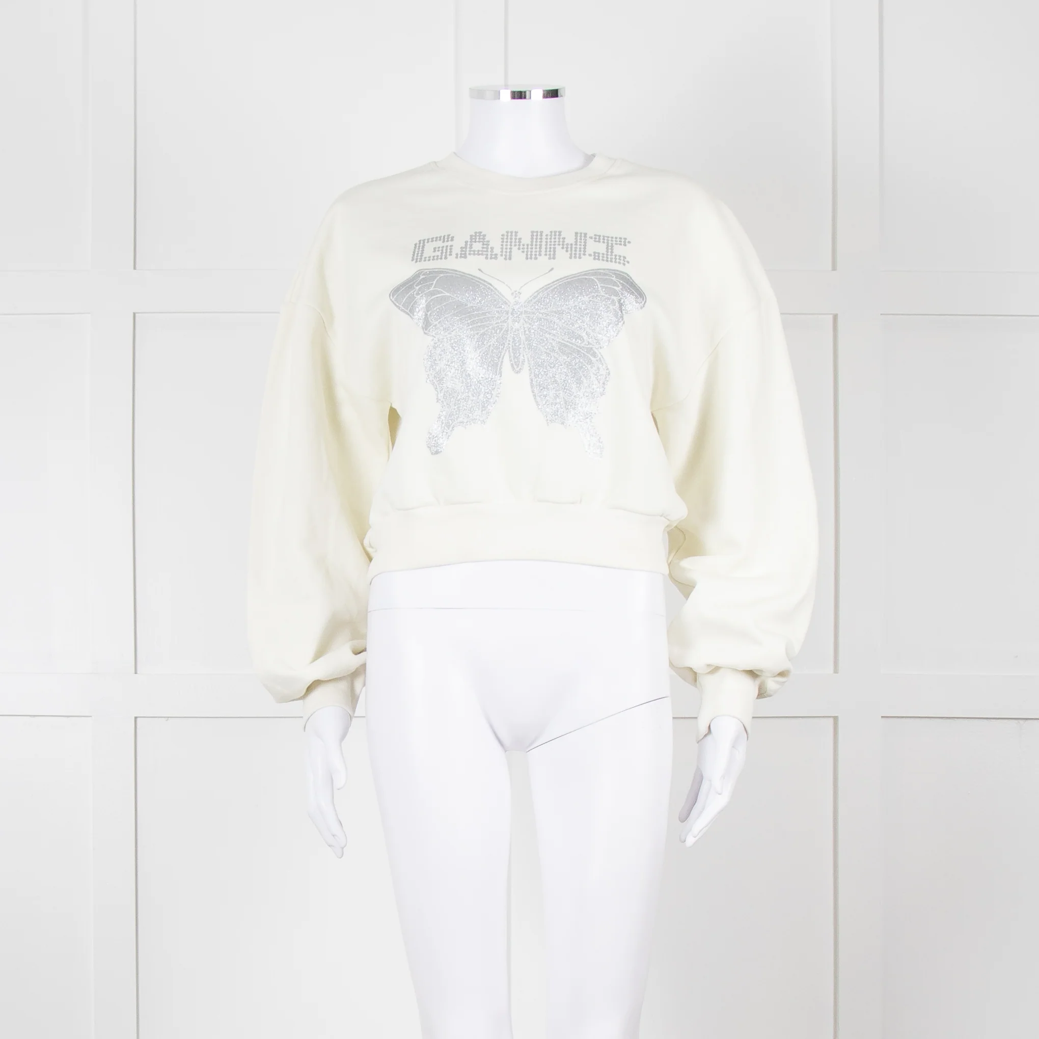 Ganni Ivory Cotton Cropped Sweatshirt With Silver Butterfly Motif