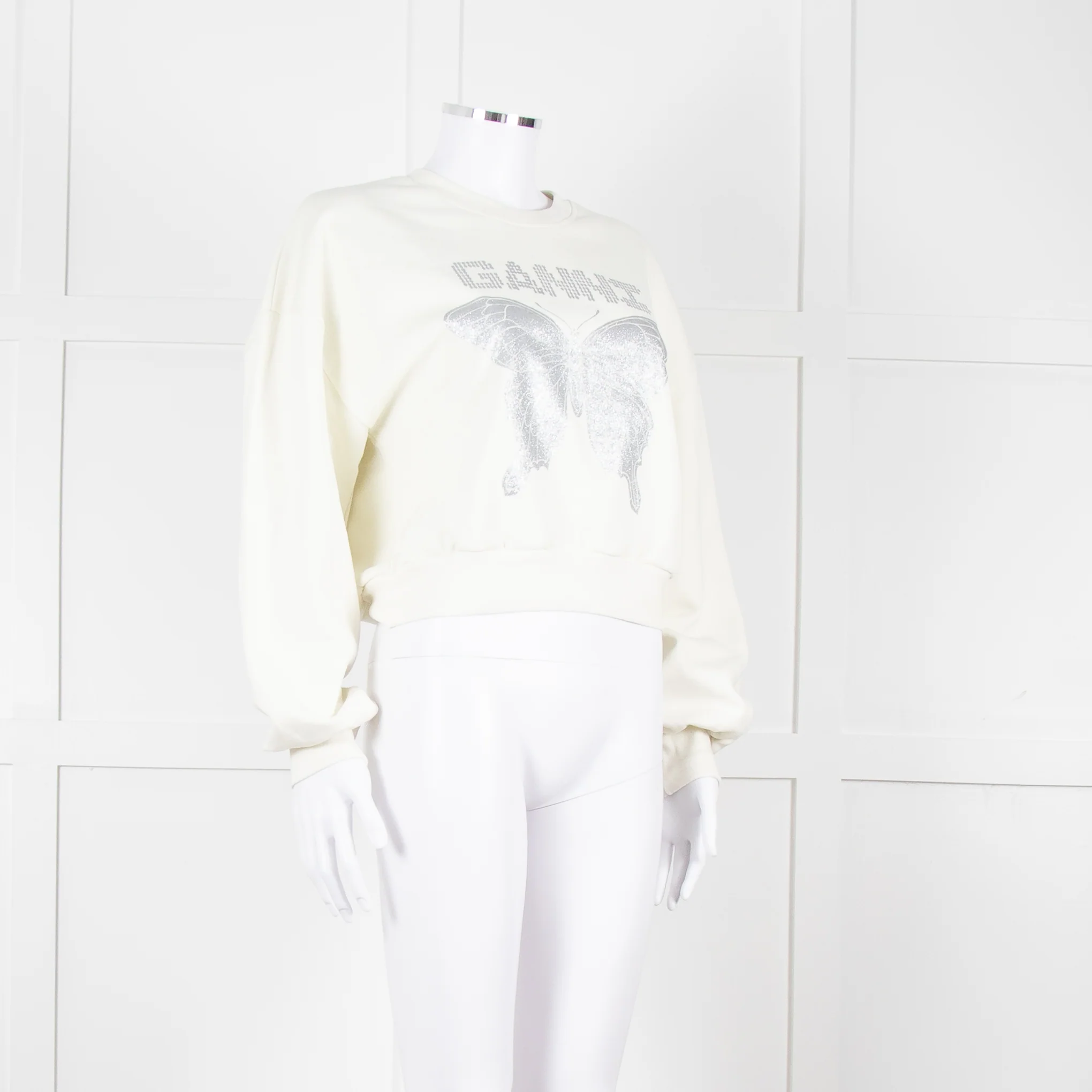 Ganni Ivory Cotton Cropped Sweatshirt With Silver Butterfly Motif - Image 2