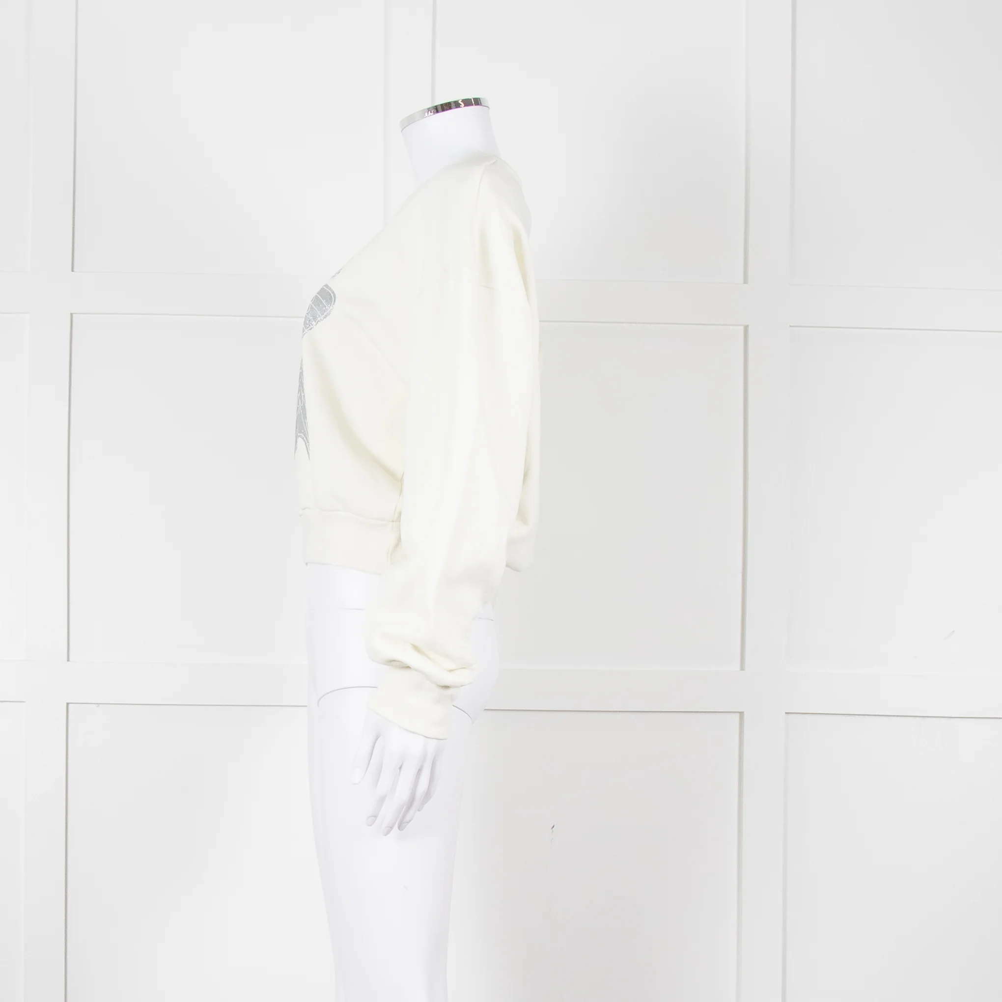 Ganni Ivory Cotton Cropped Sweatshirt With Silver Butterfly Motif - Image 7