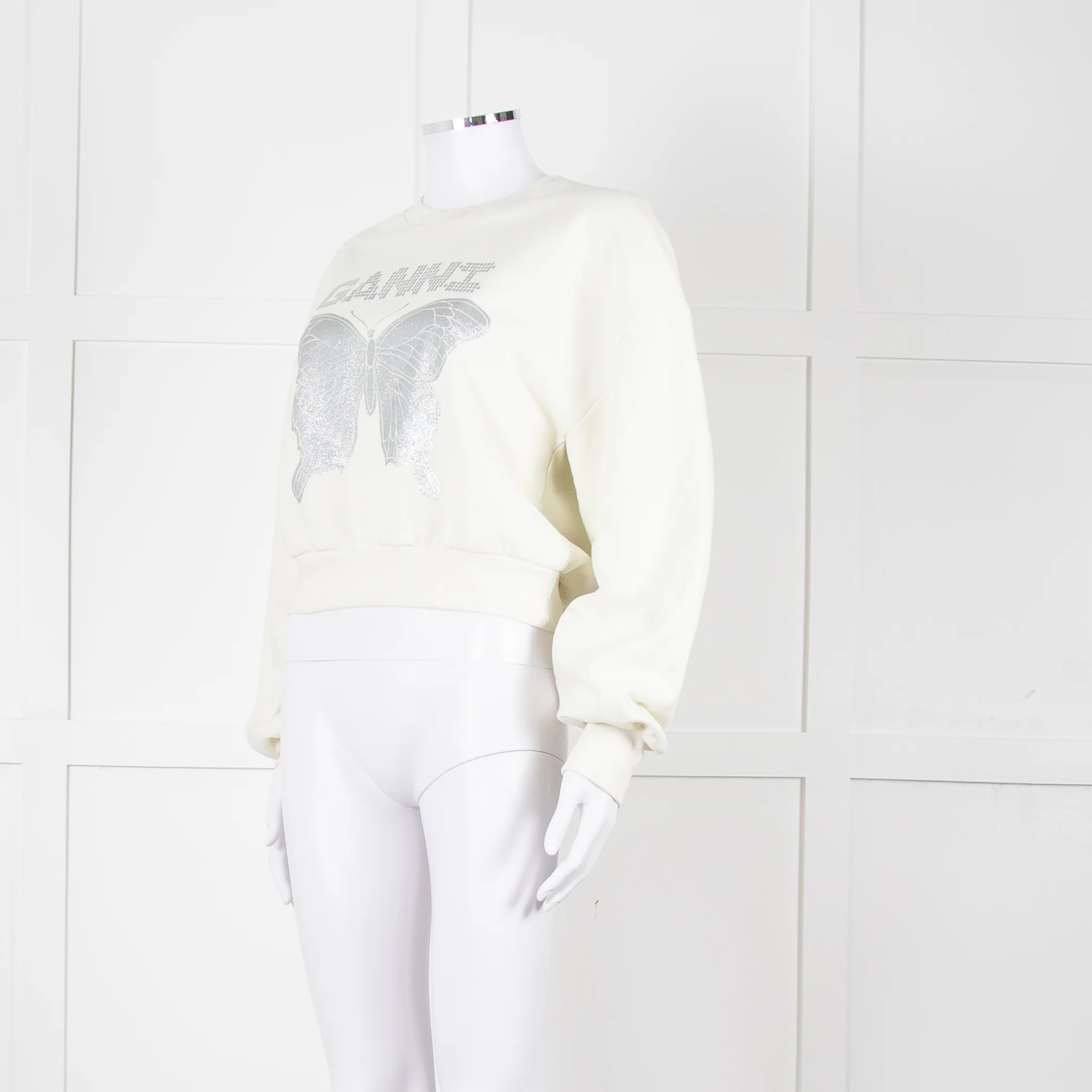 Ganni Ivory Cotton Cropped Sweatshirt With Silver Butterfly Motif - Image 8