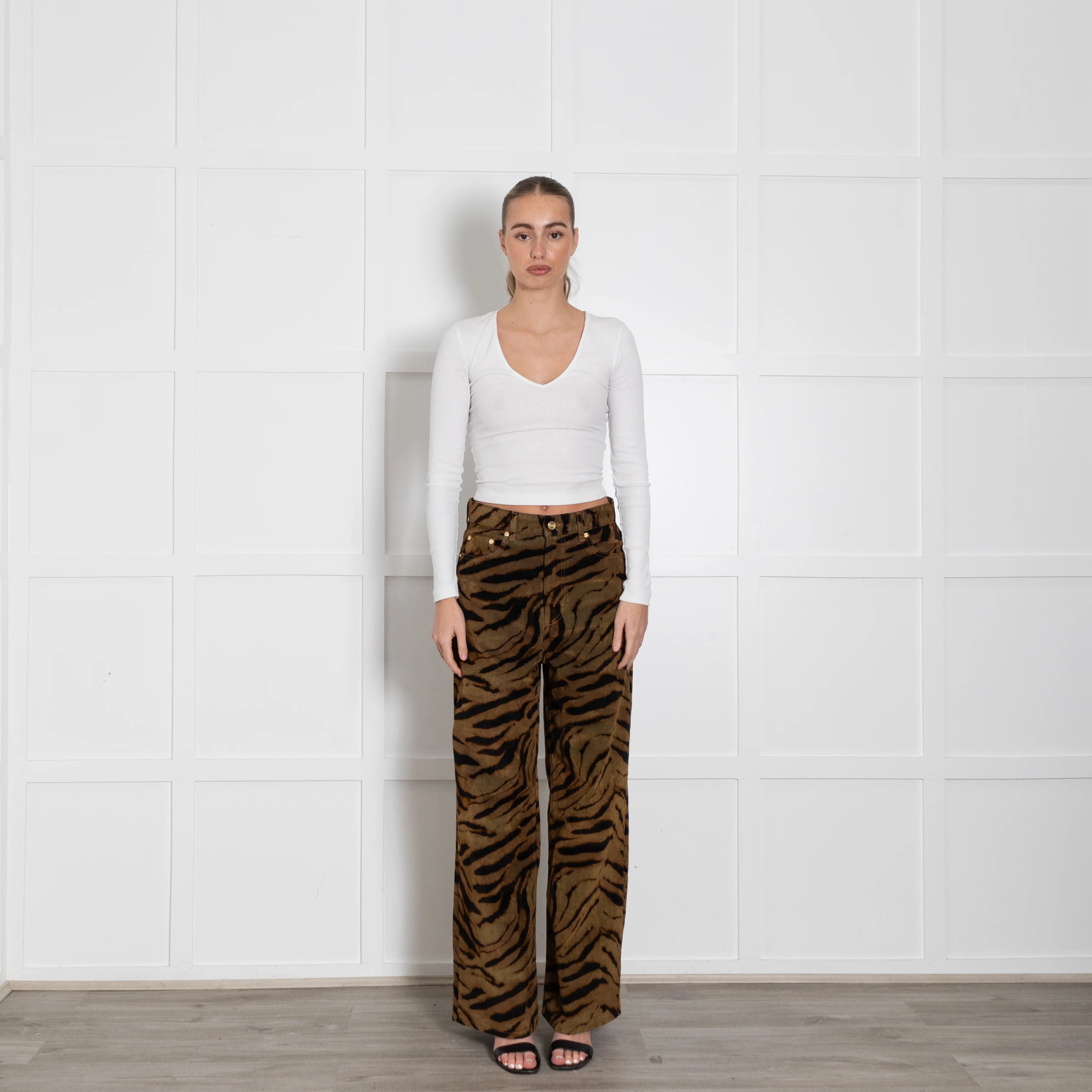 Ganni Khaki Animal Print Wide Leg Trousers