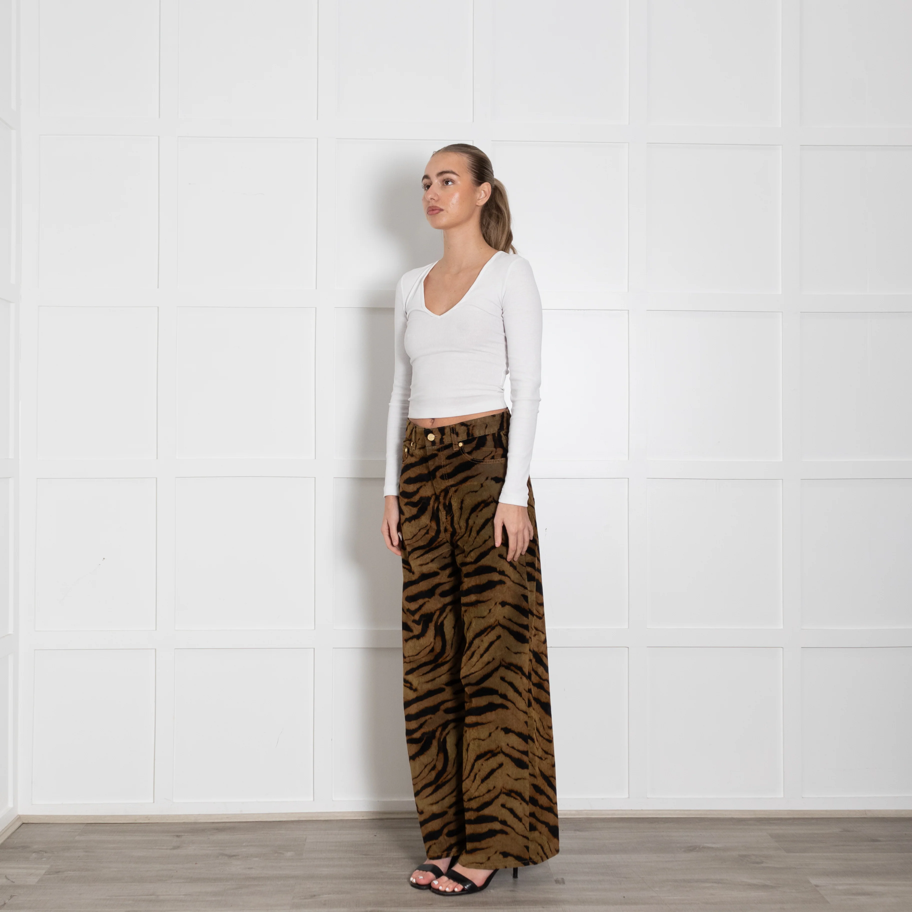 Ganni Khaki Animal Print Wide Leg Trousers - Image 3