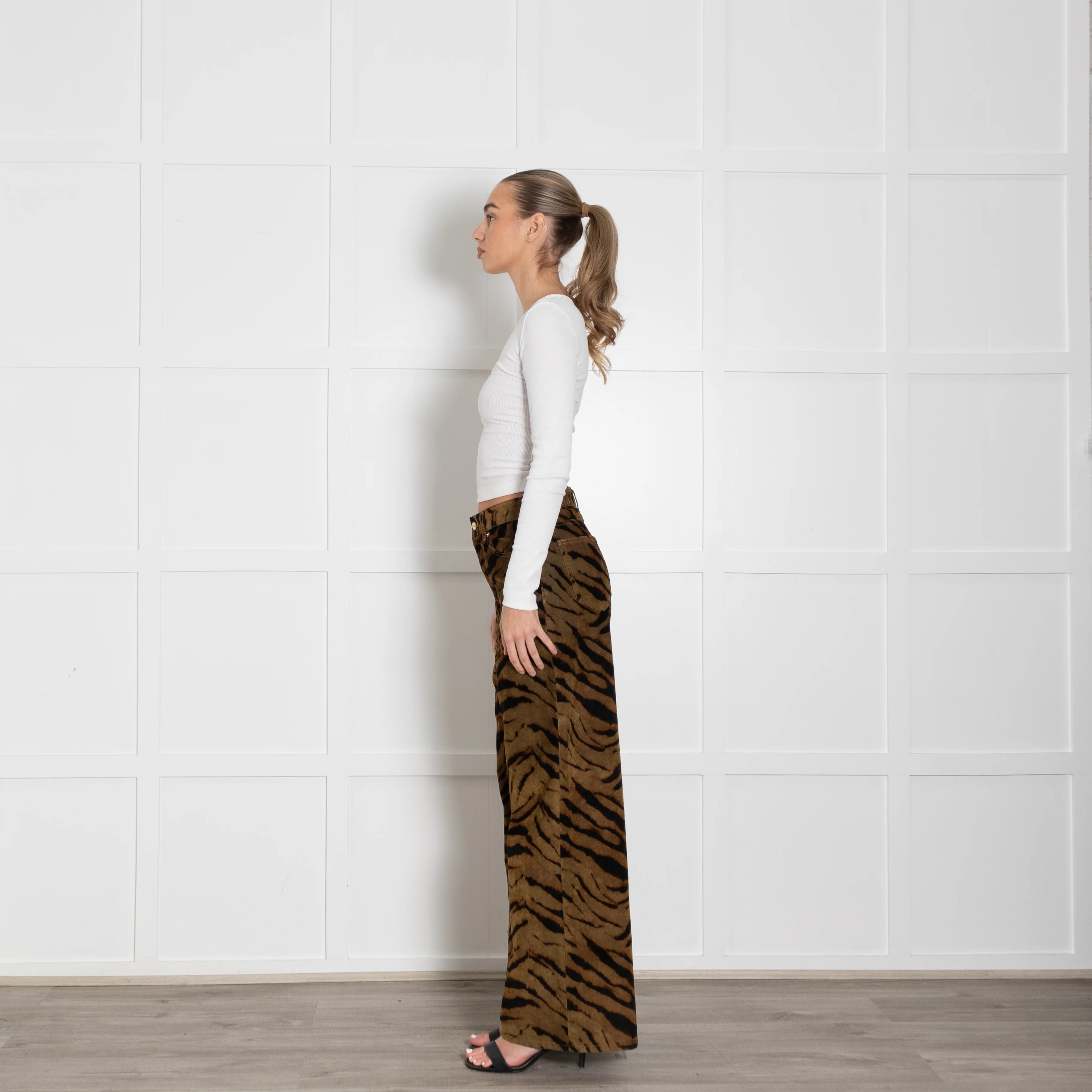 Ganni Khaki Animal Print Wide Leg Trousers - Image 4