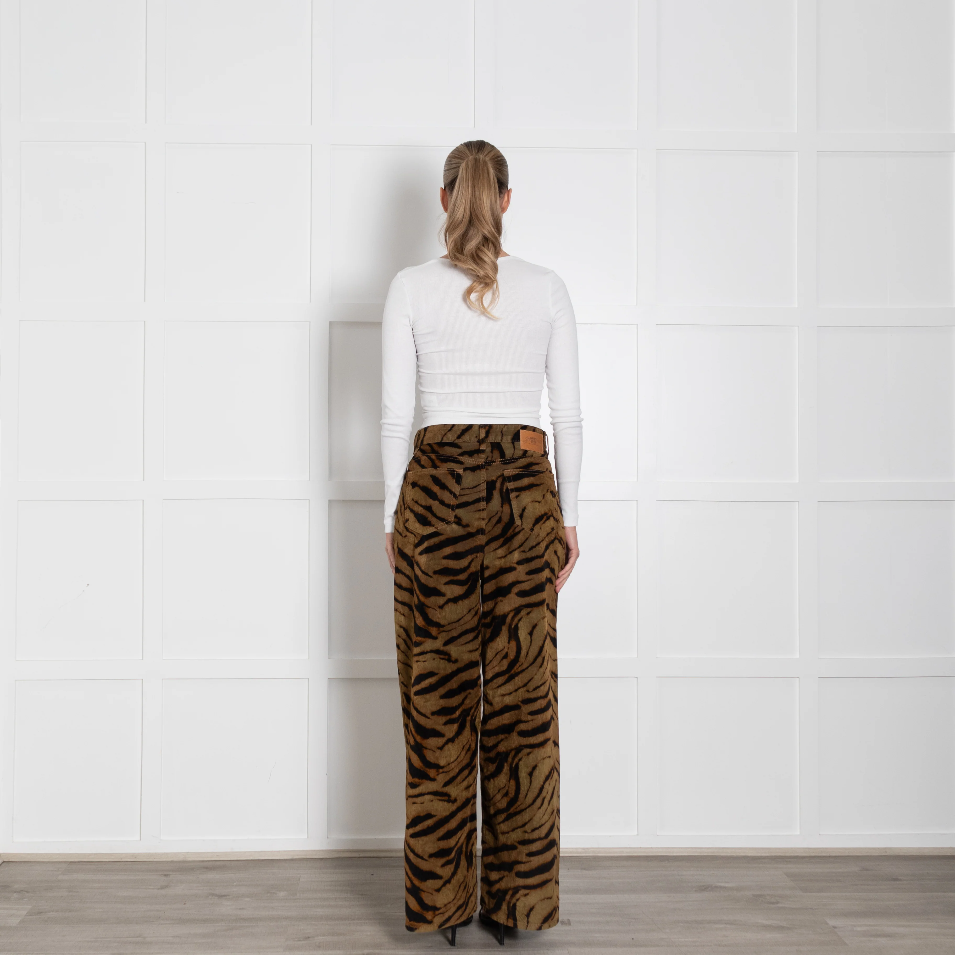 Ganni Khaki Animal Print Wide Leg Trousers - Image 5