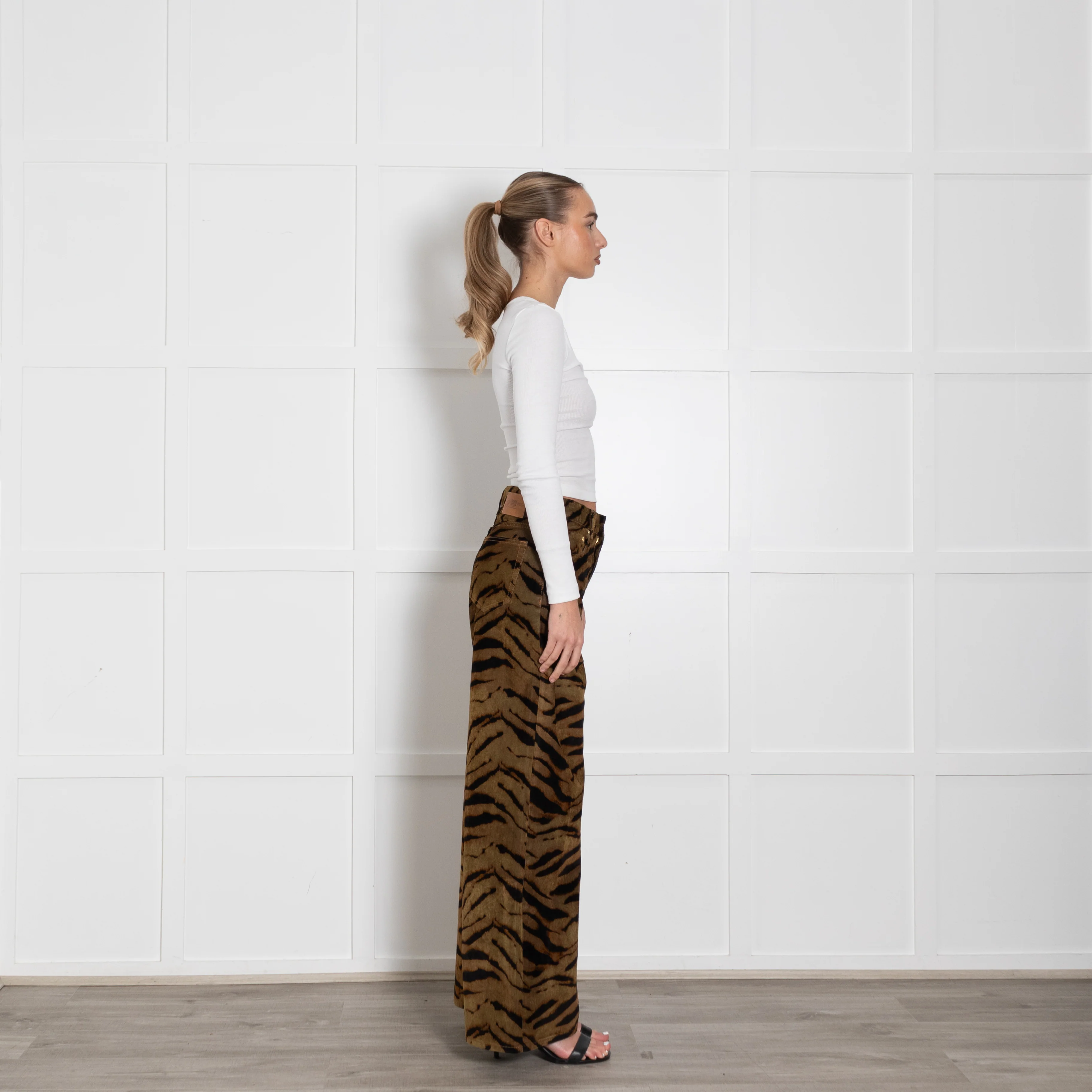 Ganni Khaki Animal Print Wide Leg Trousers - Image 6