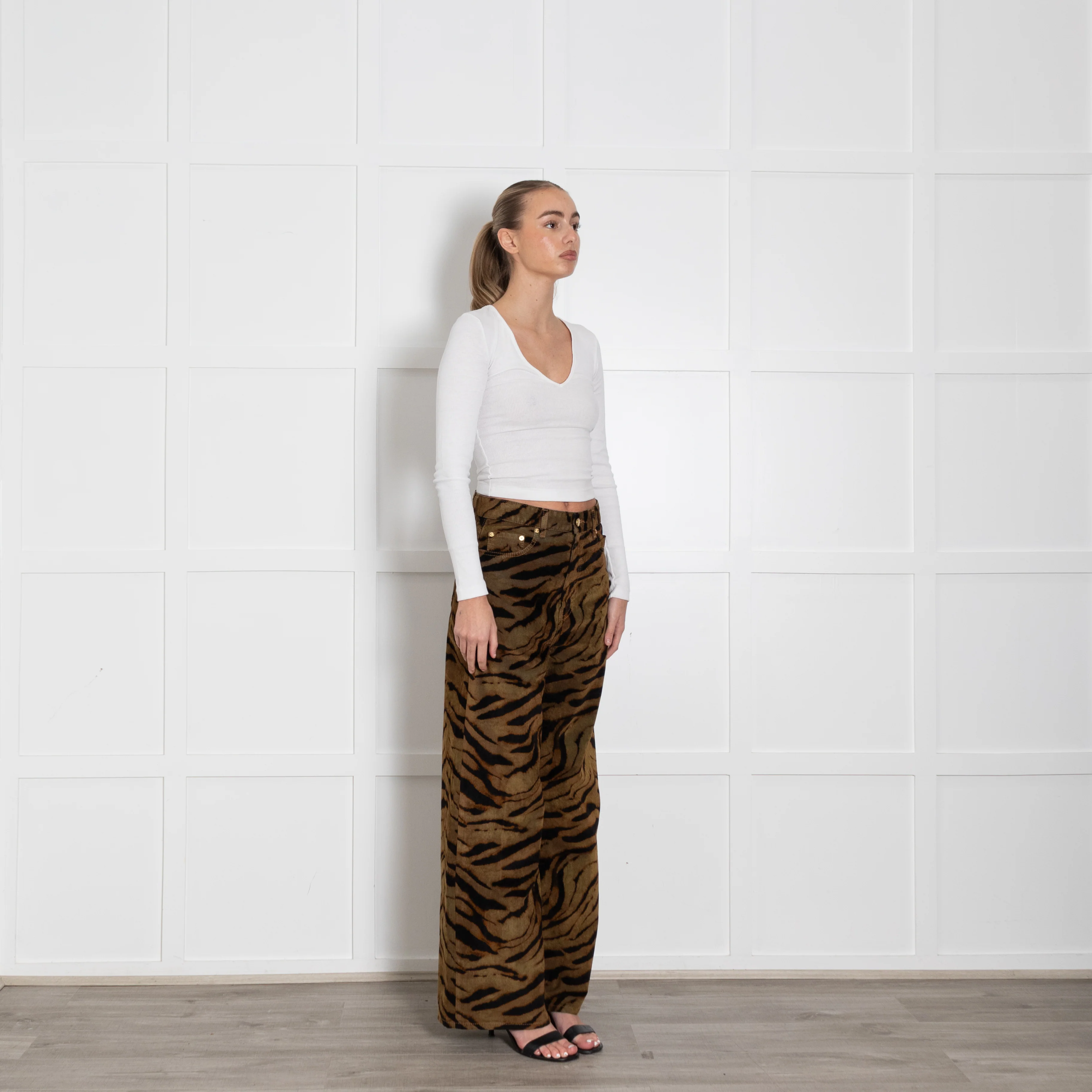 Ganni Khaki Animal Print Wide Leg Trousers - Image 7