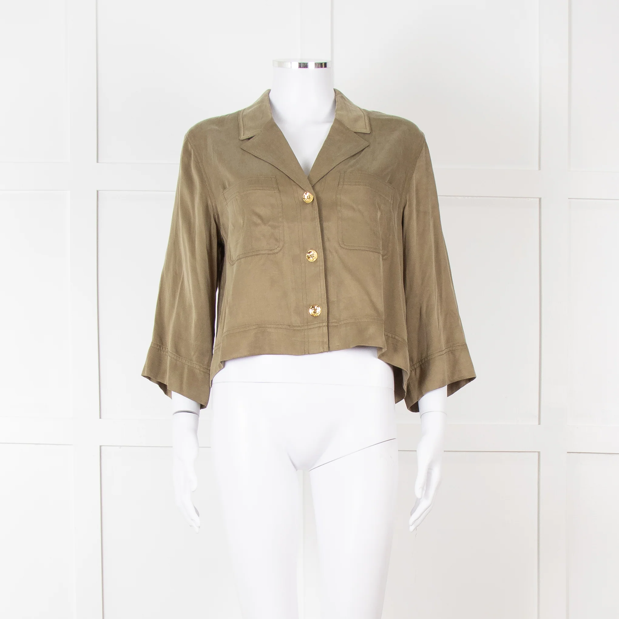 Ganni Khaki Gold Button Cropped Shirt - Image 2