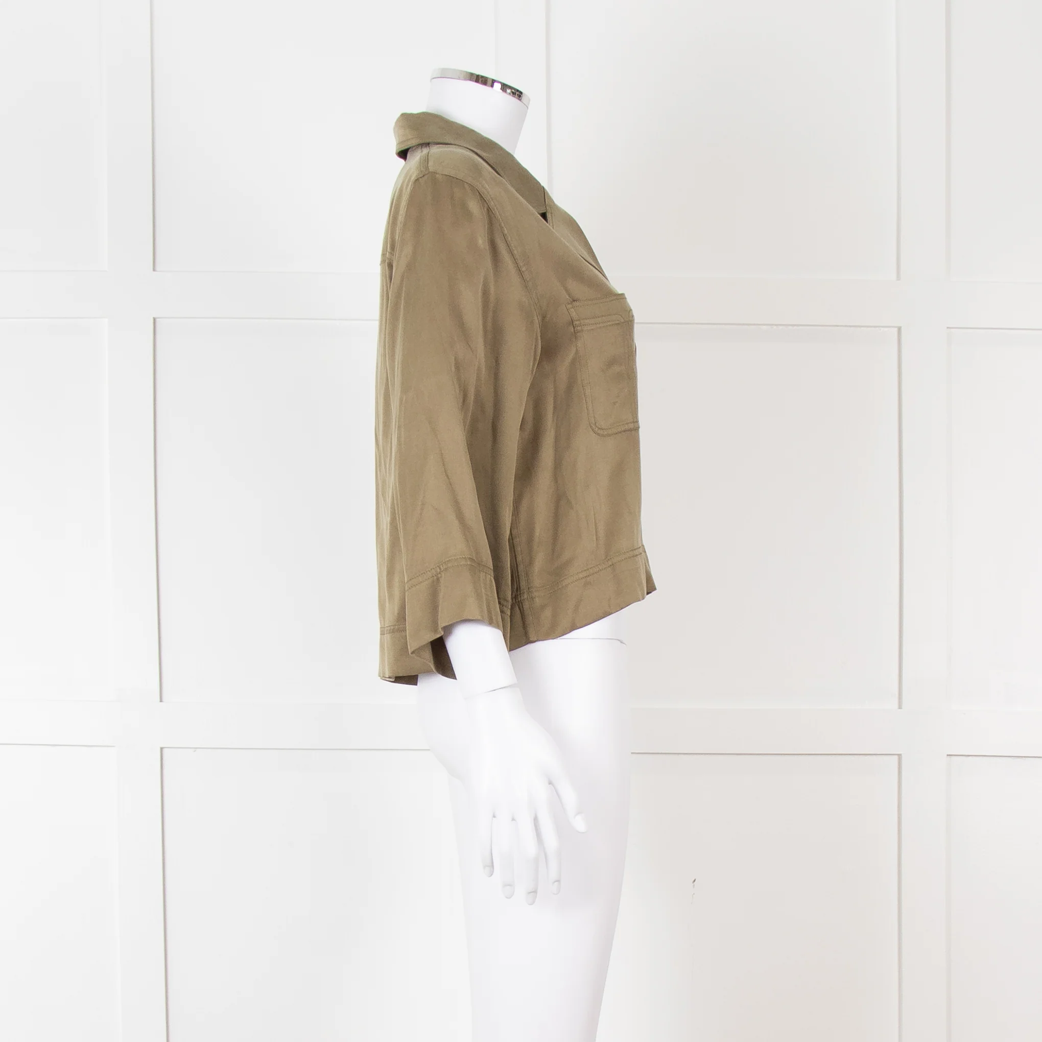 Ganni Khaki Gold Button Cropped Shirt - Image 8