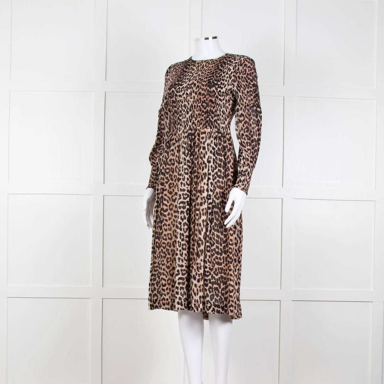 Ganni Leopard Print Midi Dress with Smocked Chest - Image 2