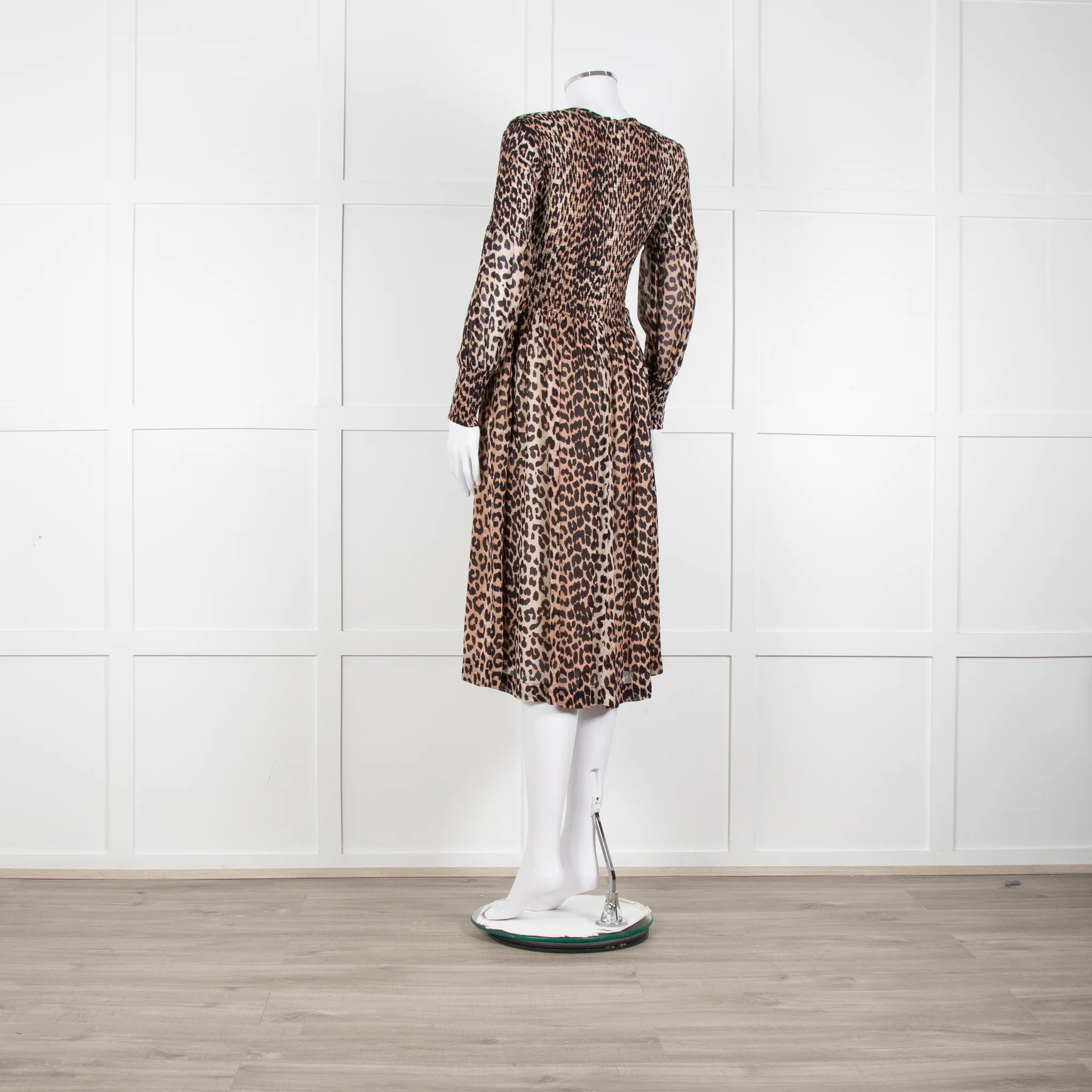 Ganni Leopard Print Midi Dress with Smocked Chest - Image 4