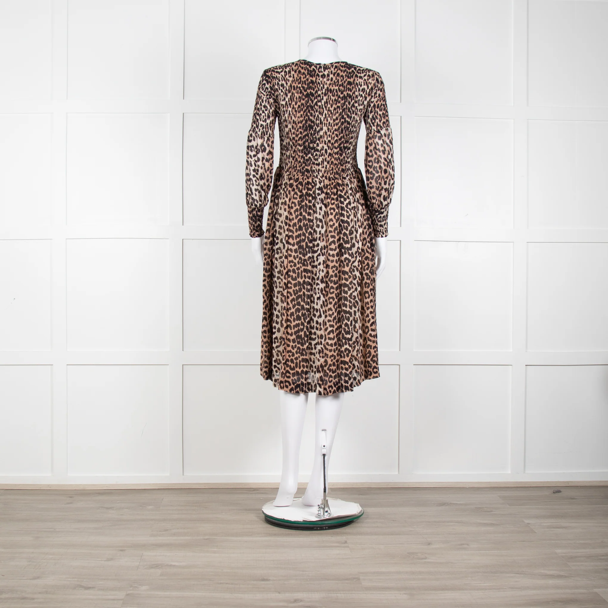 Ganni Leopard Print Midi Dress with Smocked Chest - Image 5