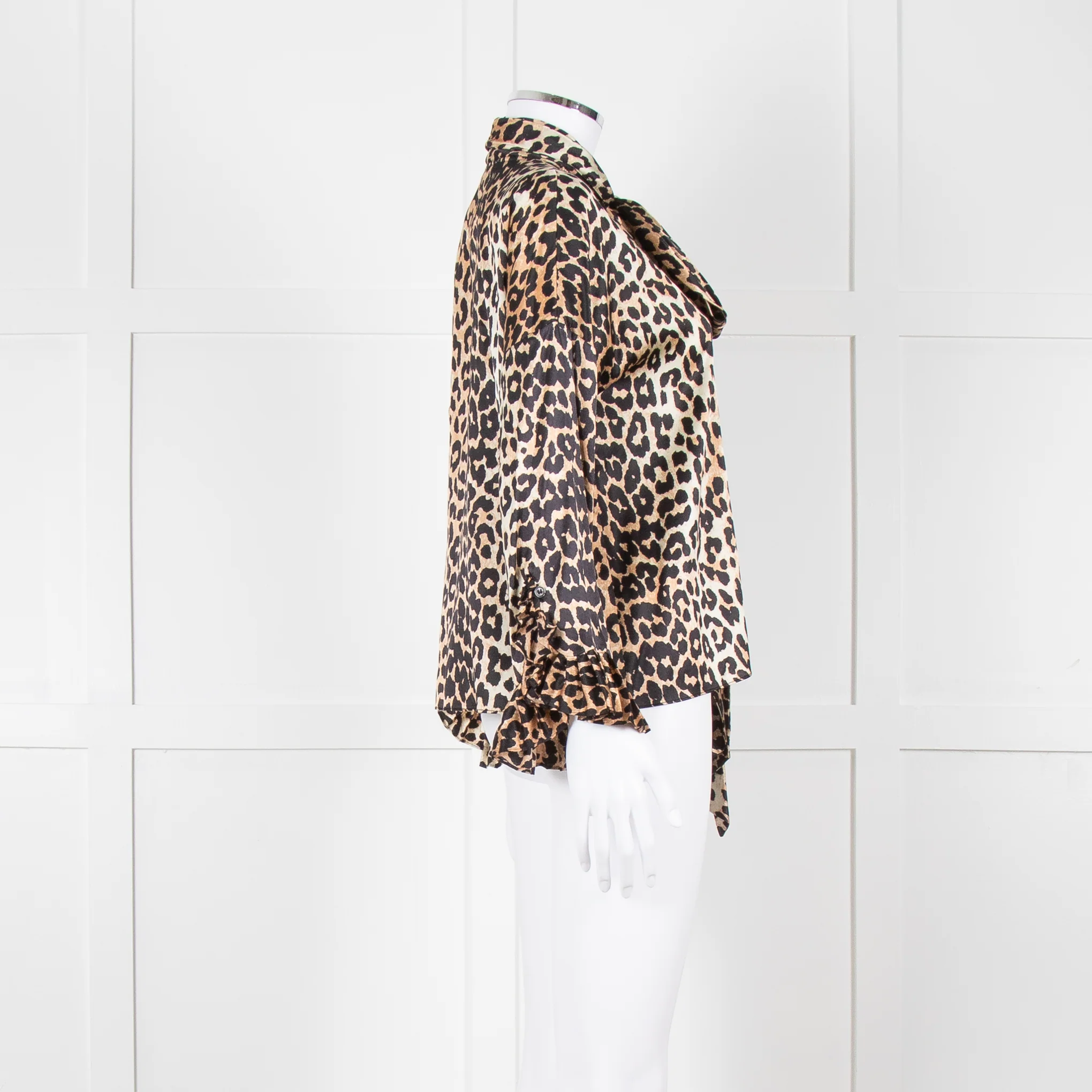 Ganni Leopard Silk Tie Neck Blouse with Fluted Cuffs - Image 3