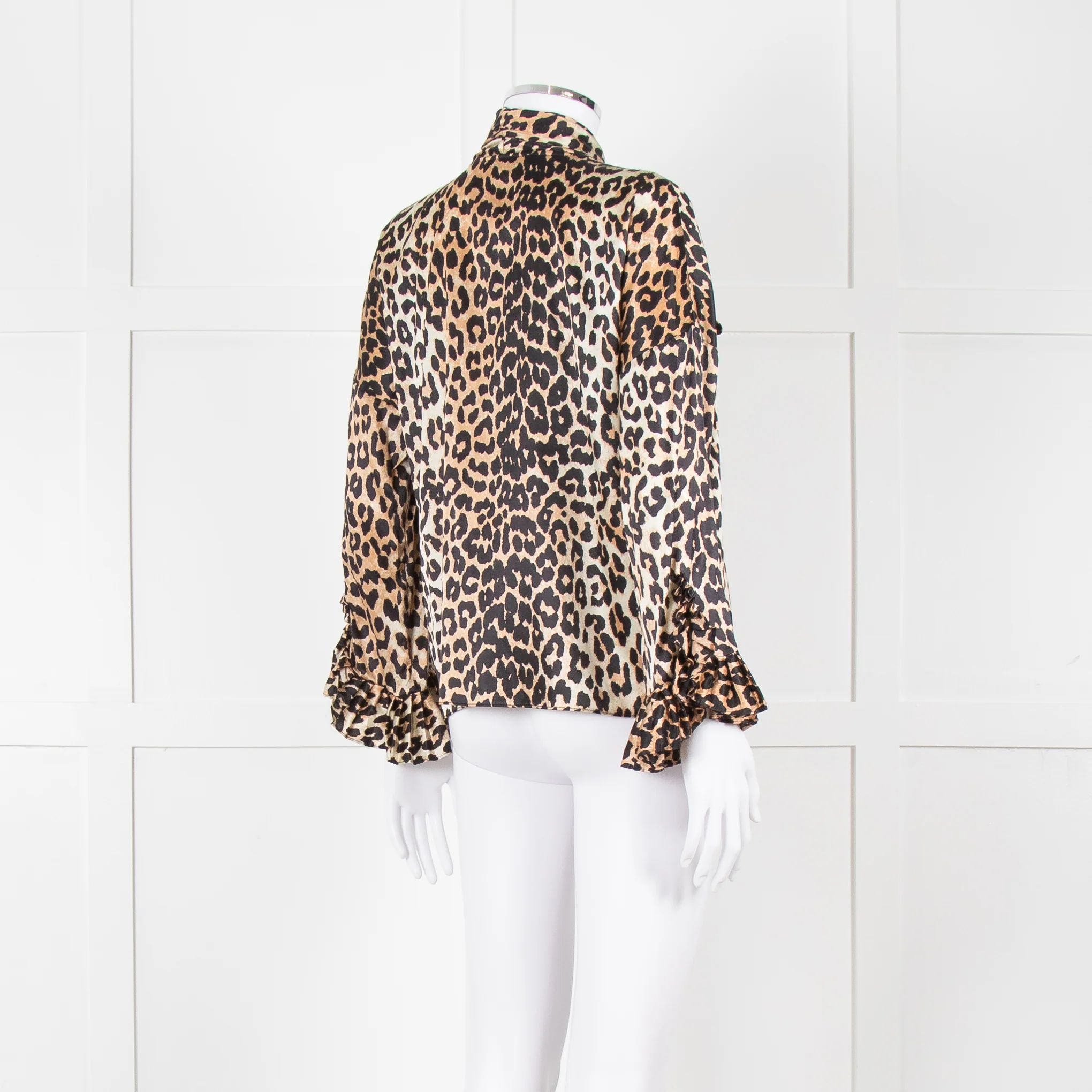 Ganni Leopard Silk Tie Neck Blouse with Fluted Cuffs - Image 4