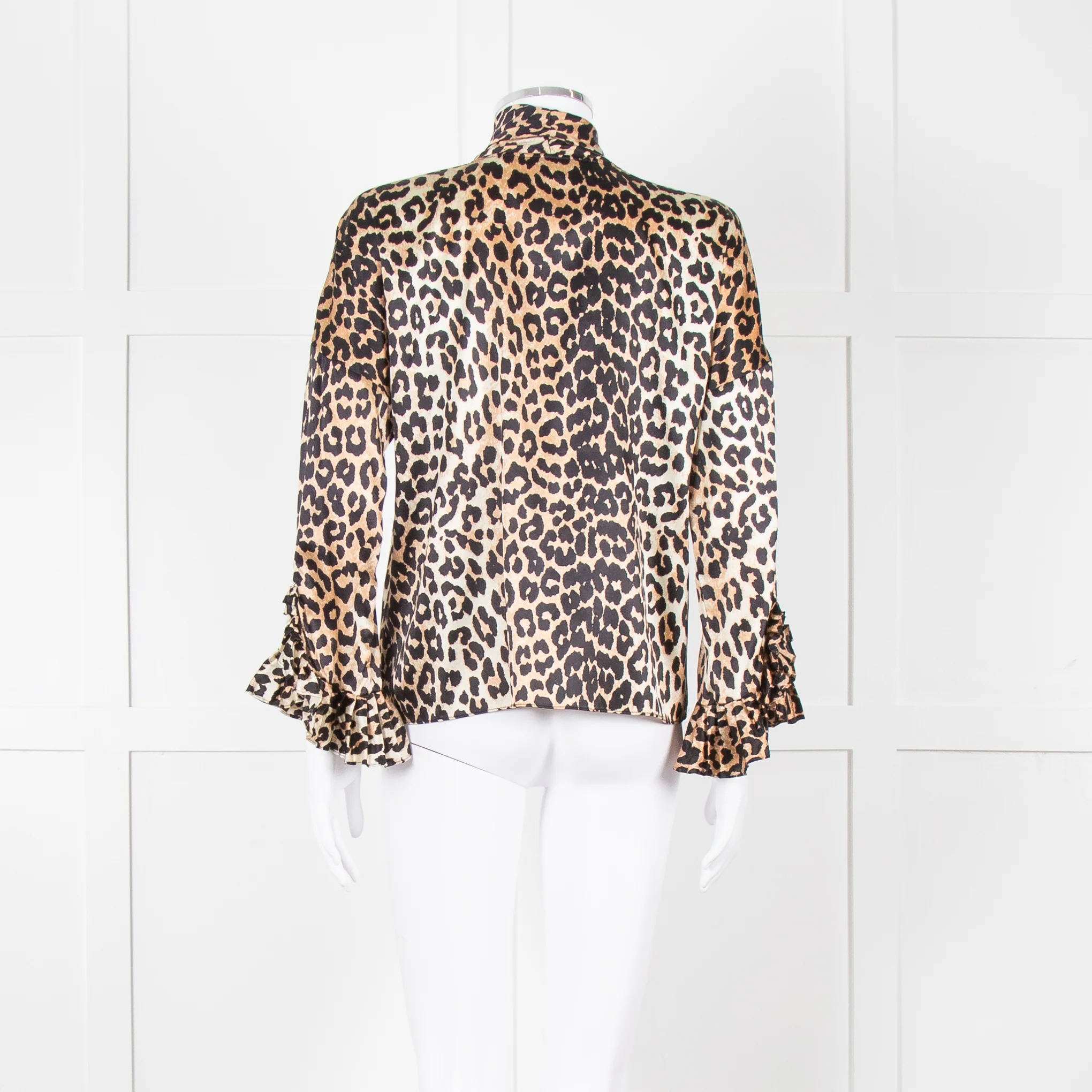 Ganni Leopard Silk Tie Neck Blouse with Fluted Cuffs - Image 5