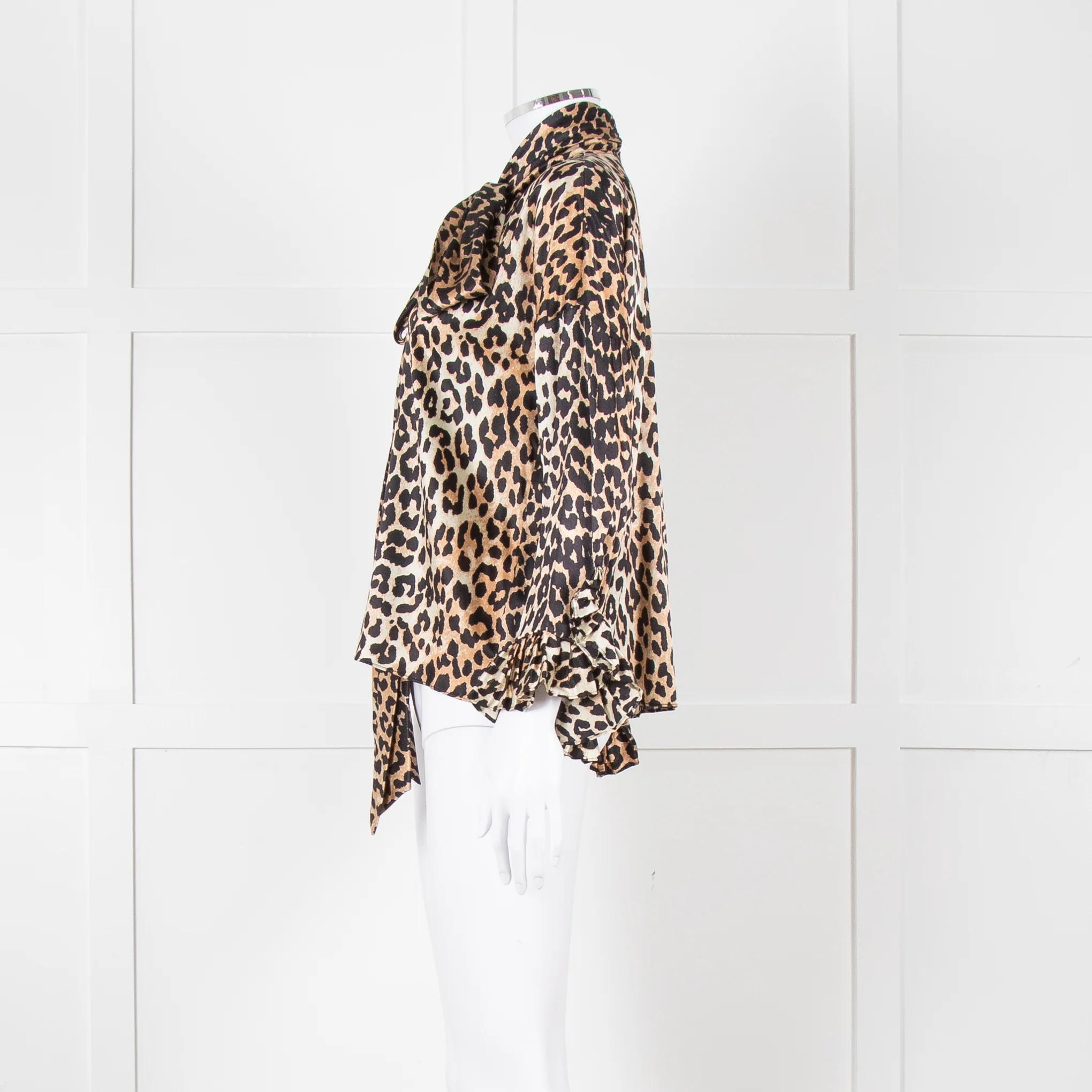 Ganni Leopard Silk Tie Neck Blouse with Fluted Cuffs - Image 7