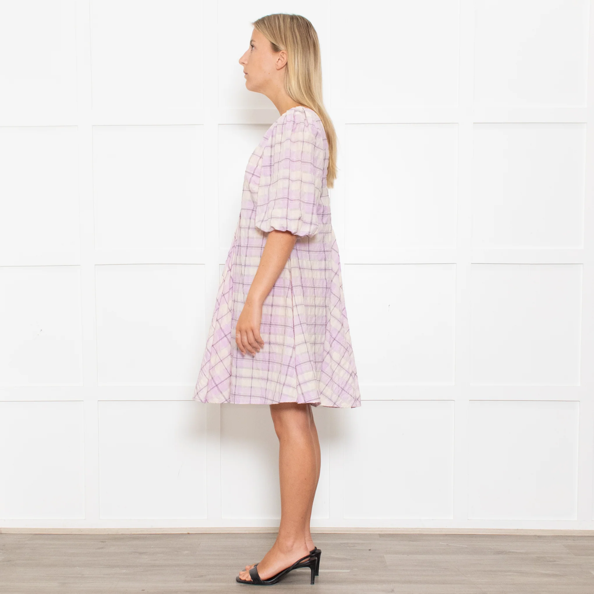 Ganni Lilac Check Trapeze Mini Dress - Image 4